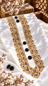 -BURAQ ORIGINAL GOLD KASHMIRI EMBROIDERY IMPORTED KURTA SALWAR PATHANI. (4.5 MTR 56 WIDTH)