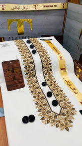 KASHMIRI AFET ORIGINAL GOLD KASHMIRI EMBROIDERY IMPORTED KURTA SALWAR PATHANI. (GUL AHMED COTTON INTERNATIONAL)