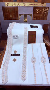 -SHAAN-E-MULK BOSKI WHITE ADVANCE TARKASHI EMBROIDERY UNSTICHED KURTA SALWAR PATHANI (TAWAKKAL TEX)