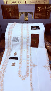 -NOOR-E-SAFA BOSKI WHITE ADVANCE TARKASHI EMBROIDERY UNSTICHED KURTA SALWAR PATHANI (TAWAKKAL TEX)