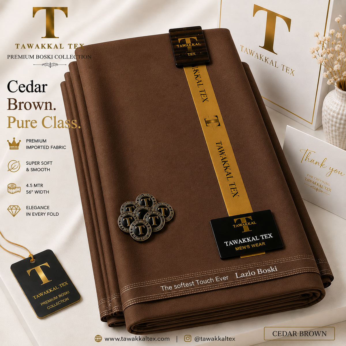 BOSKI KING Cedar Brown – Premium Lazio Boski Unstitched Kurta Salwar Fabric (TAWAKKAL TEX)