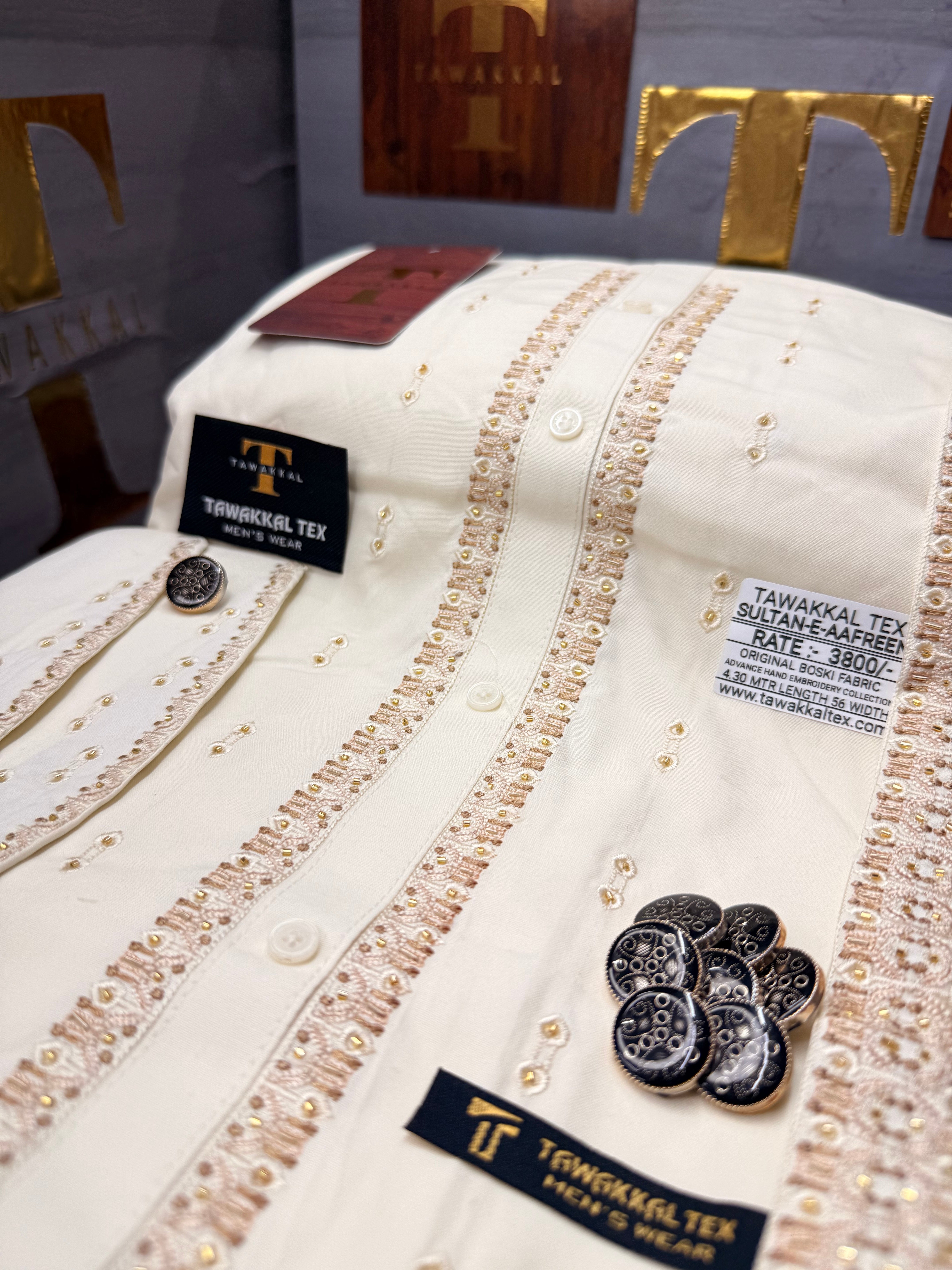 SULTAN-E-AAFREEN BOSKI CREAM MULTANI ADVANCE TARKASHI HAND EMBROIDERY (TAWAKKAL TEX)