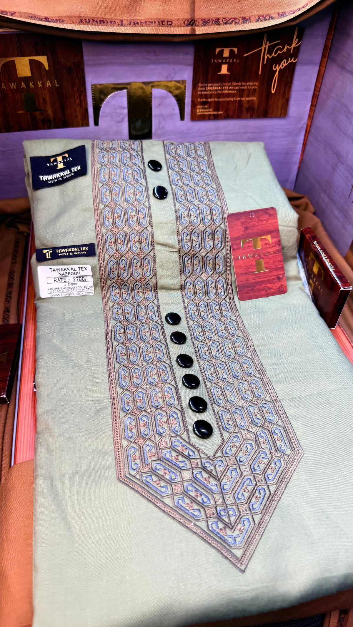 NAZROOH OLIVE GROVE 102-07MULTI COLOUR KASHMIRI EMBROIDERY UNSTICHED FULL KURTA SALWAR PATHANI (J. FABRIC IMPORTED) “Pics are clicked in HD cameras. Original color may vary from mobile to mobile depending on your handset. – Tawakkal Tex”