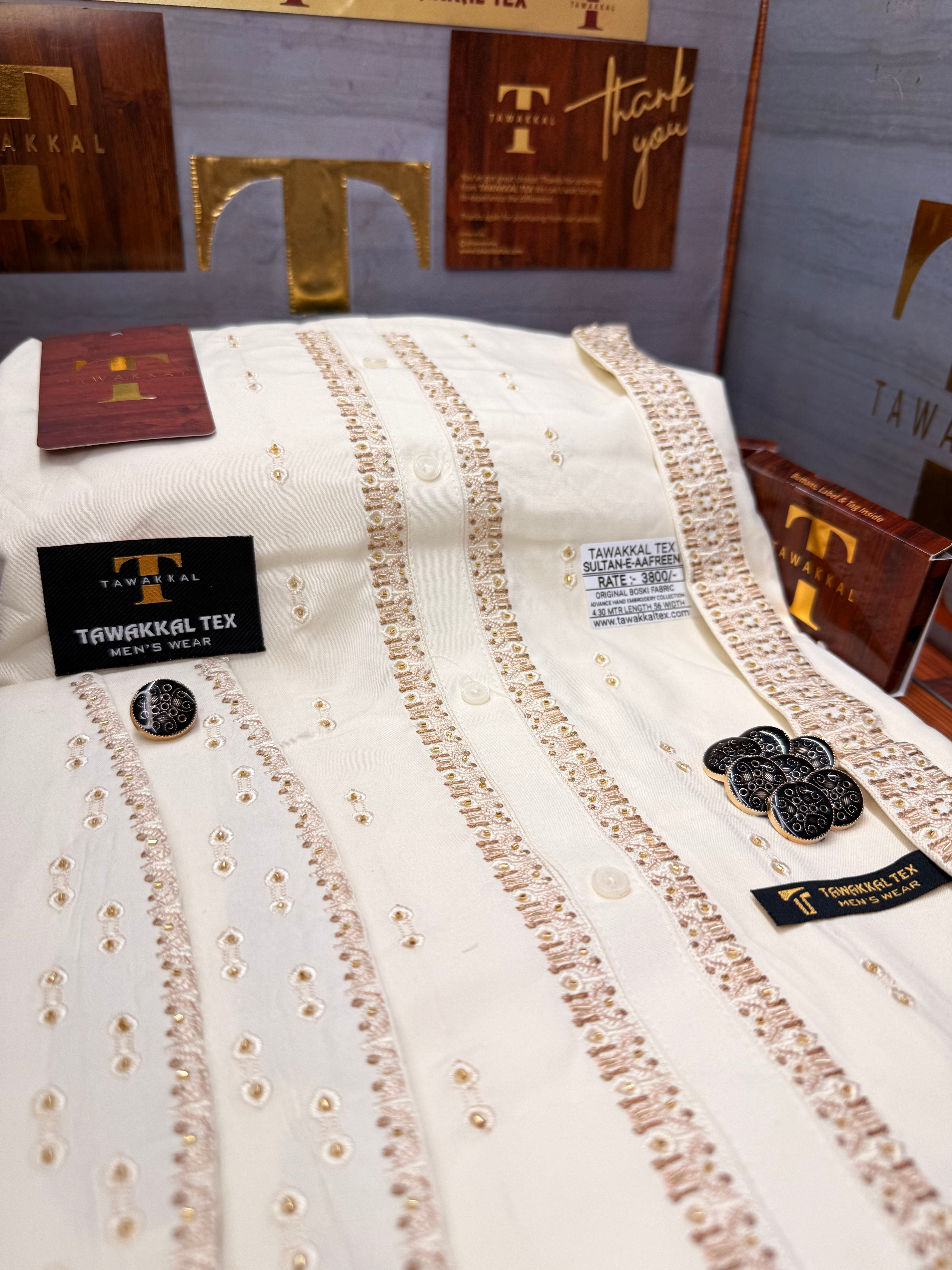 SULTAN-E-AAFREEN BOSKI CREAM MULTANI ADVANCE TARKASHI HAND EMBROIDERY (TAWAKKAL TEX)