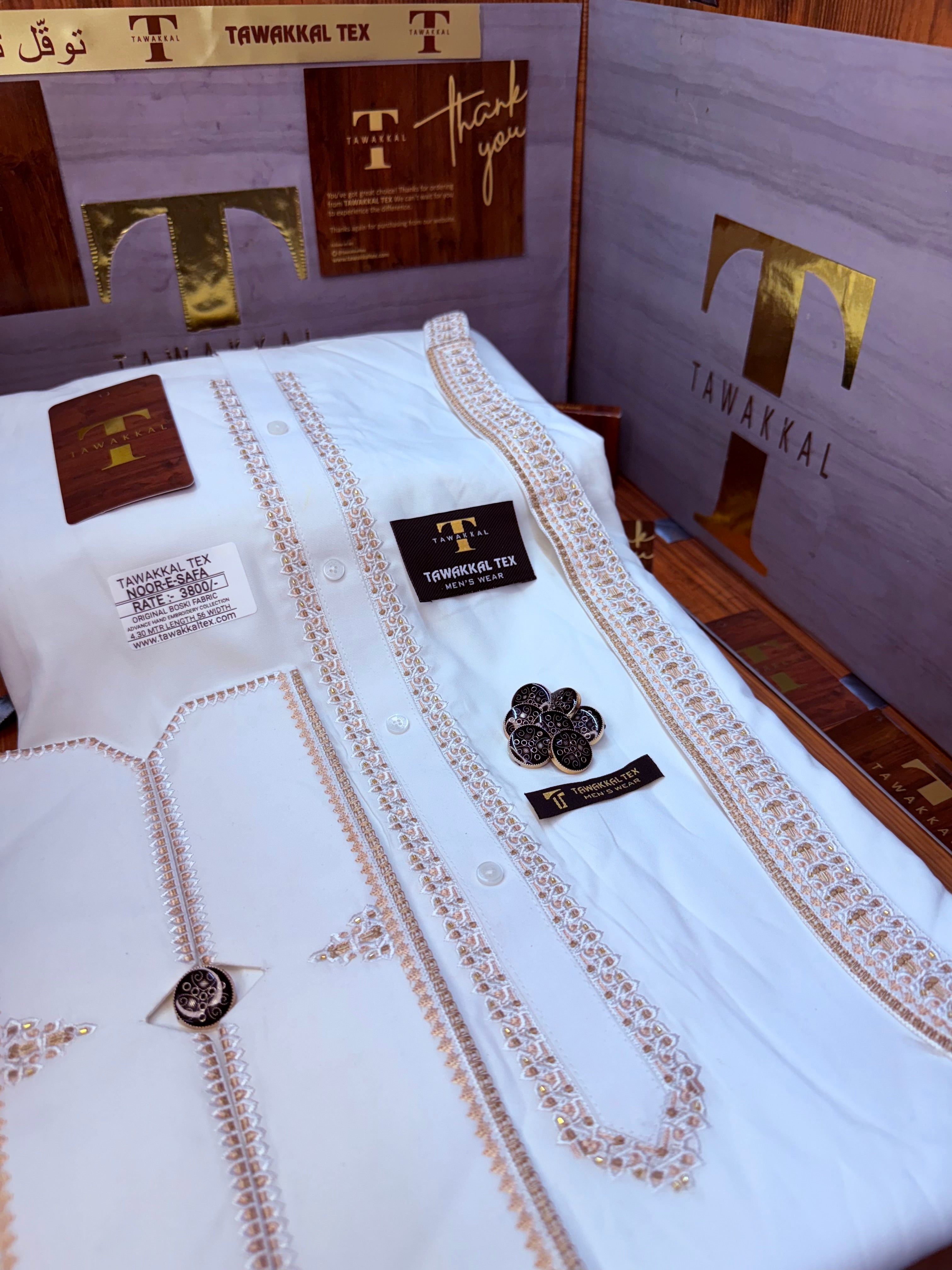 NOOR-E-SAFA BOSKI WHITE MULTANI ADVANCE TARKASHI HAND EMBROIDERY (TAWAKKAL TEX)