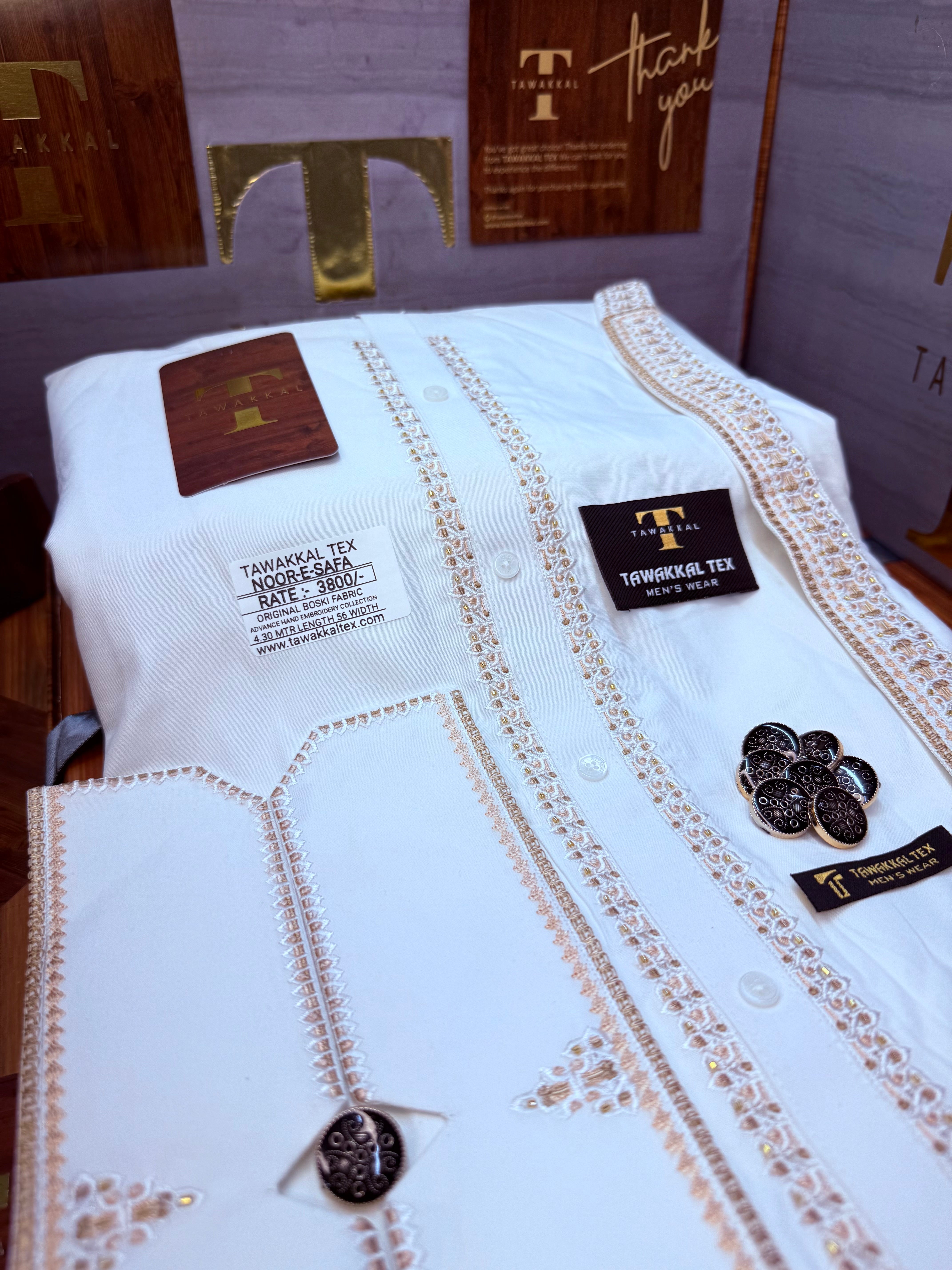 NOOR-E-SAFA BOSKI WHITE MULTANI ADVANCE TARKASHI HAND EMBROIDERY (TAWAKKAL TEX)