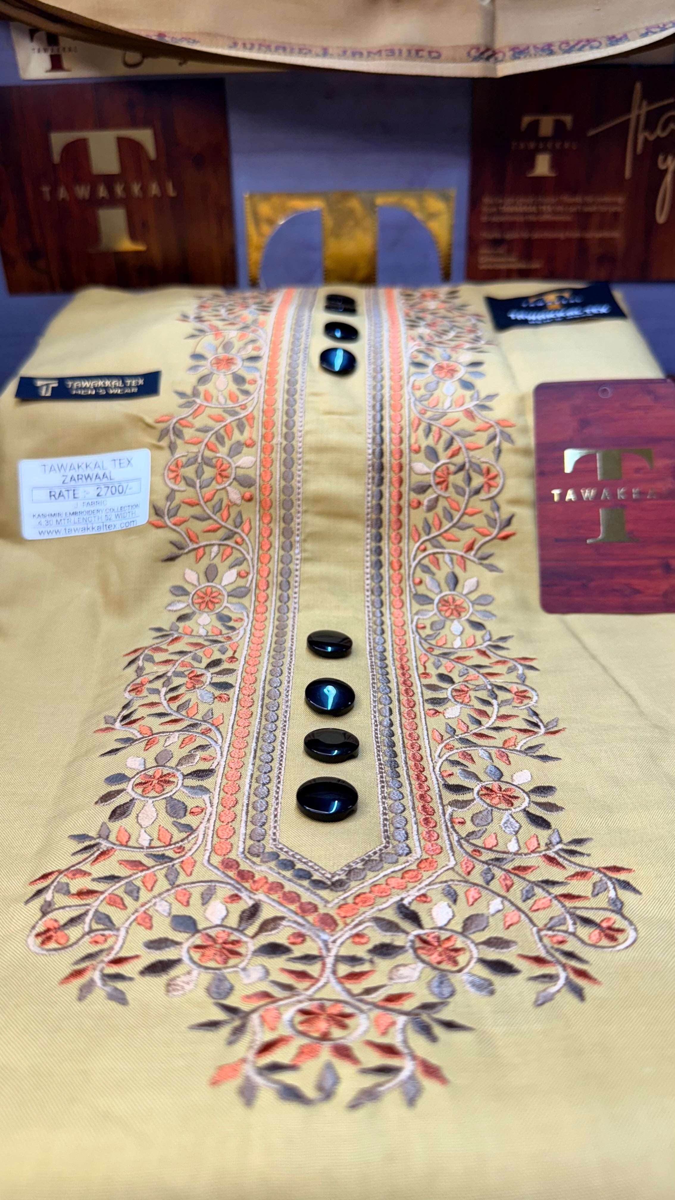 ZARWAAL GOLDEN DUNE 101-05 MULTI COLOUR KASHMIRI EMBROIDERY UNSTICHED FULL KURTA SALWAR PATHANI (J. FABRIC IMPORTED) “Pics are clicked in HD cameras. Original color may vary from mobile to mobile depending on your handset. – Tawakkal Tex”