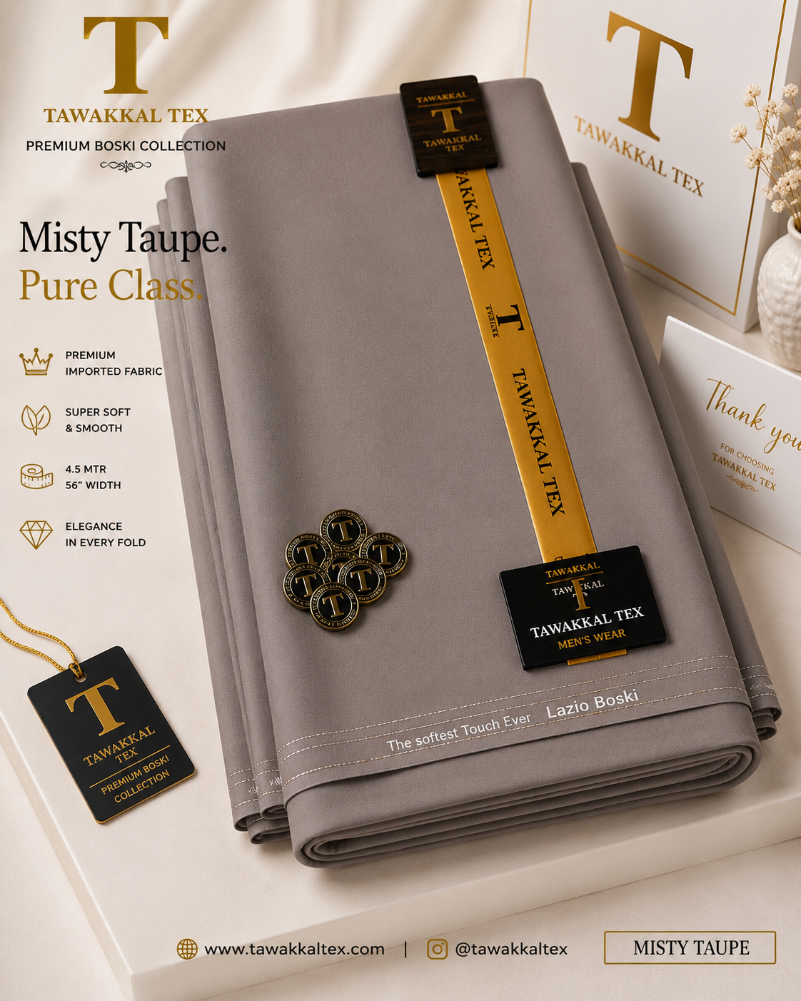 BOSKI KING Misty Taupe – Premium Lazio Boski Unstitched Kurta Salwar Fabric (TAWAKKAL TEX)