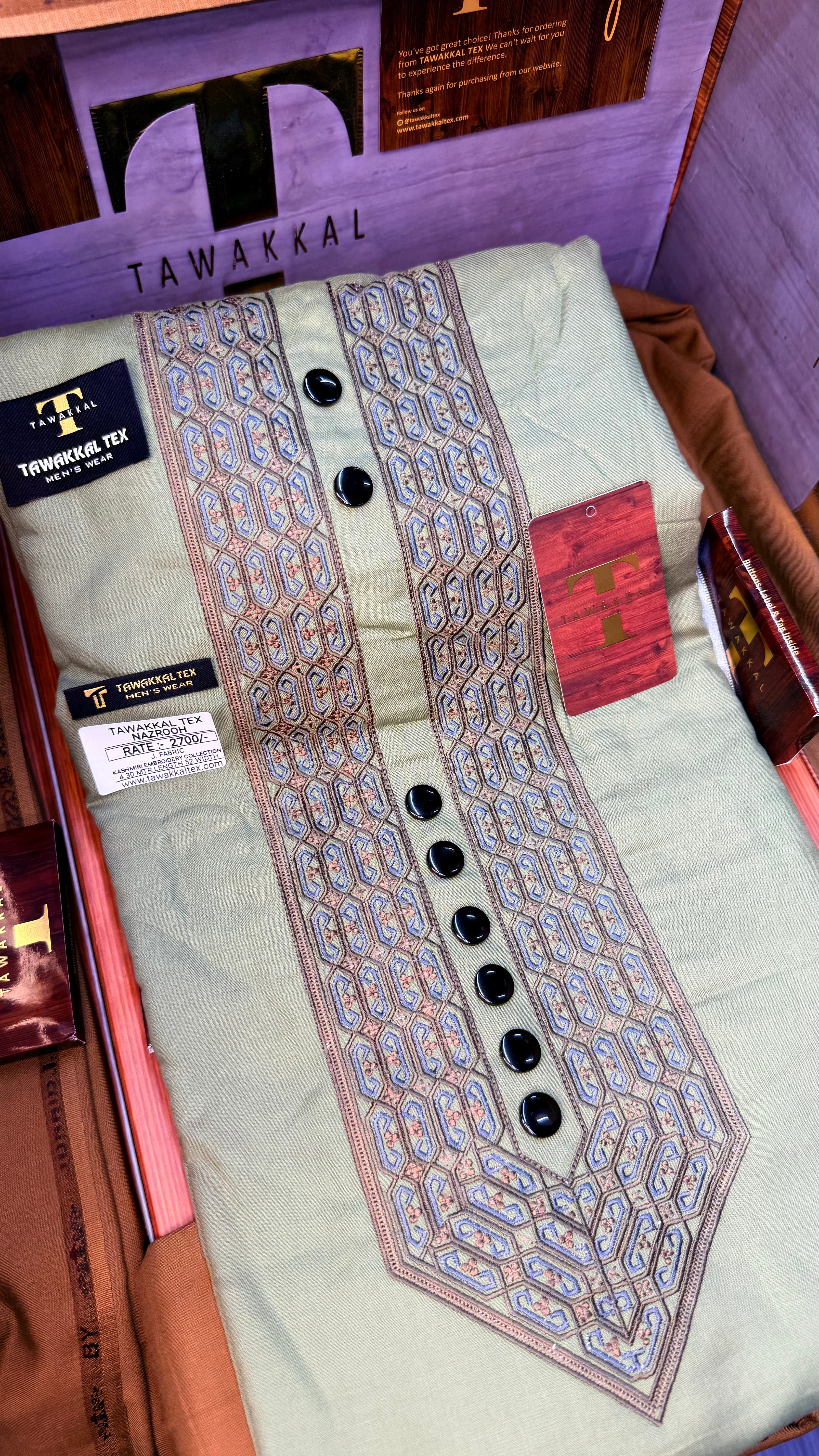 NAZROOH OLIVE GROVE 102-07MULTI COLOUR KASHMIRI EMBROIDERY UNSTICHED FULL KURTA SALWAR PATHANI (J. FABRIC IMPORTED) “Pics are clicked in HD cameras. Original color may vary from mobile to mobile depending on your handset. – Tawakkal Tex”