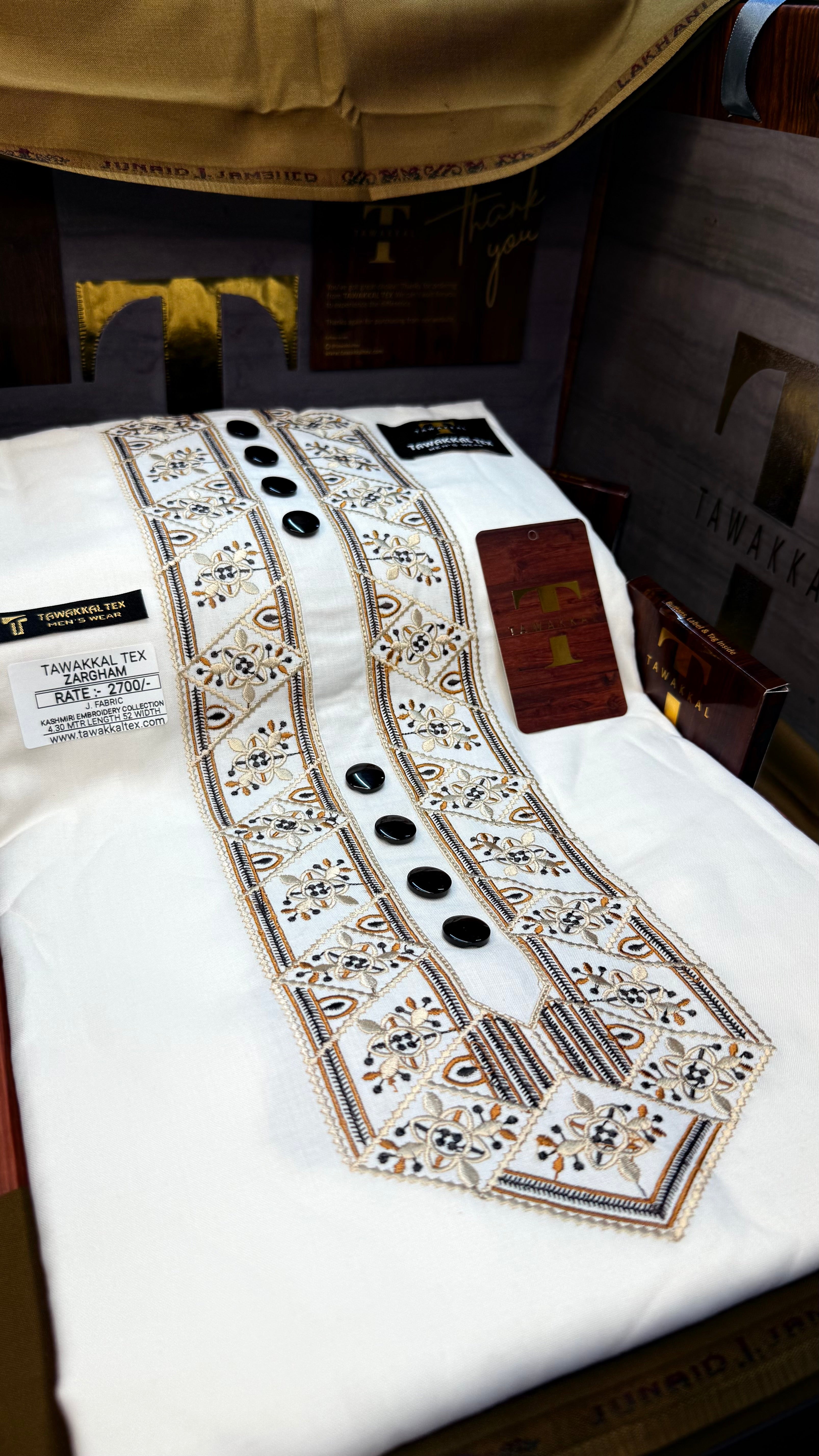 ZARGHAM IVORY NOIR 109-10 MULTI COLOUR KASHMIRI EMBROIDERY UNSTICHED FULL KURTA SALWAR PATHANI (J. FABRIC IMPORTED) “Pics are clicked in HD cameras. Original color may vary from mobile to mobile depending on your handset. – Tawakkal Tex”