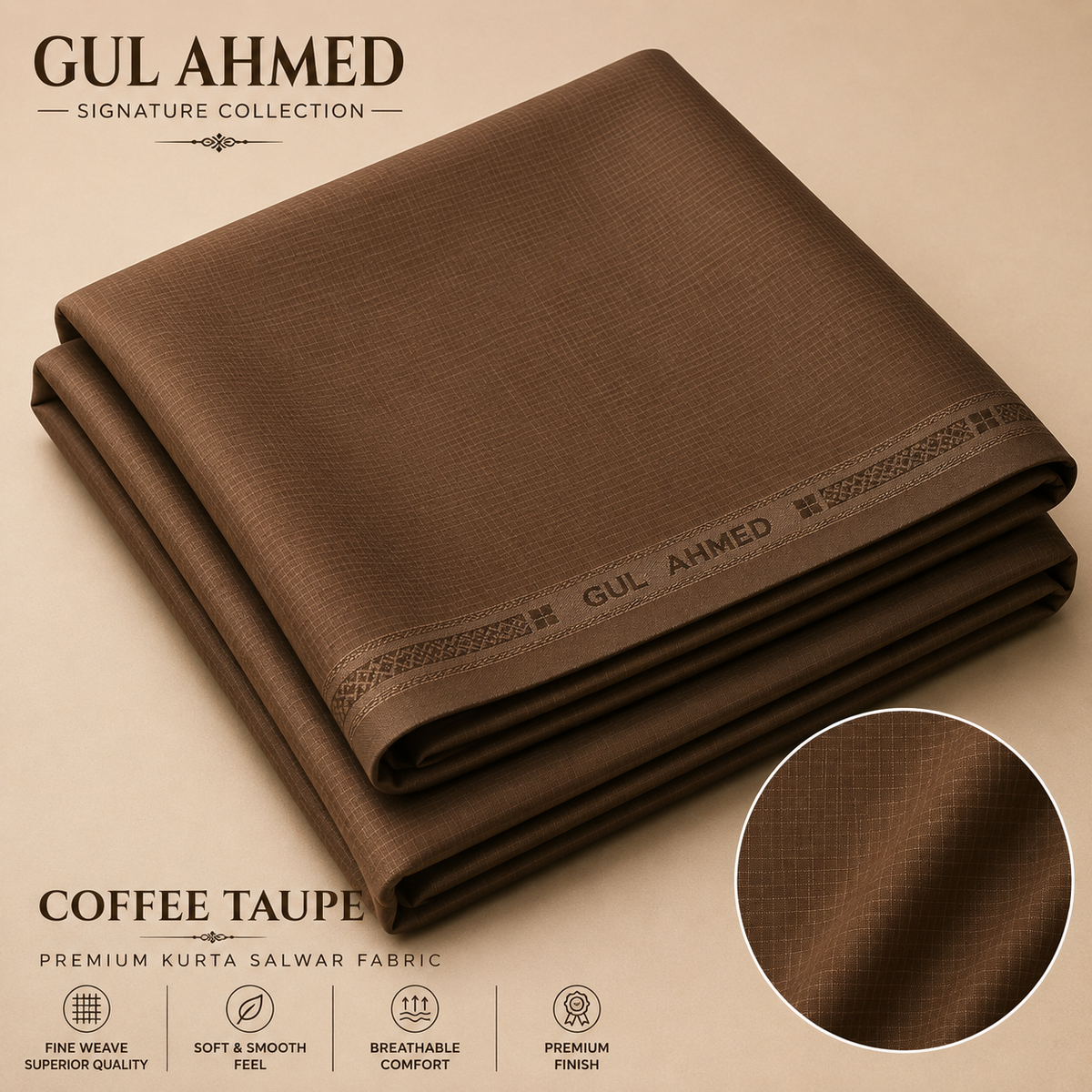 GUL AHMED Signature Collection Premium Kurta Salwar Fabric – 4.5 Mtr – Coffee Taupe