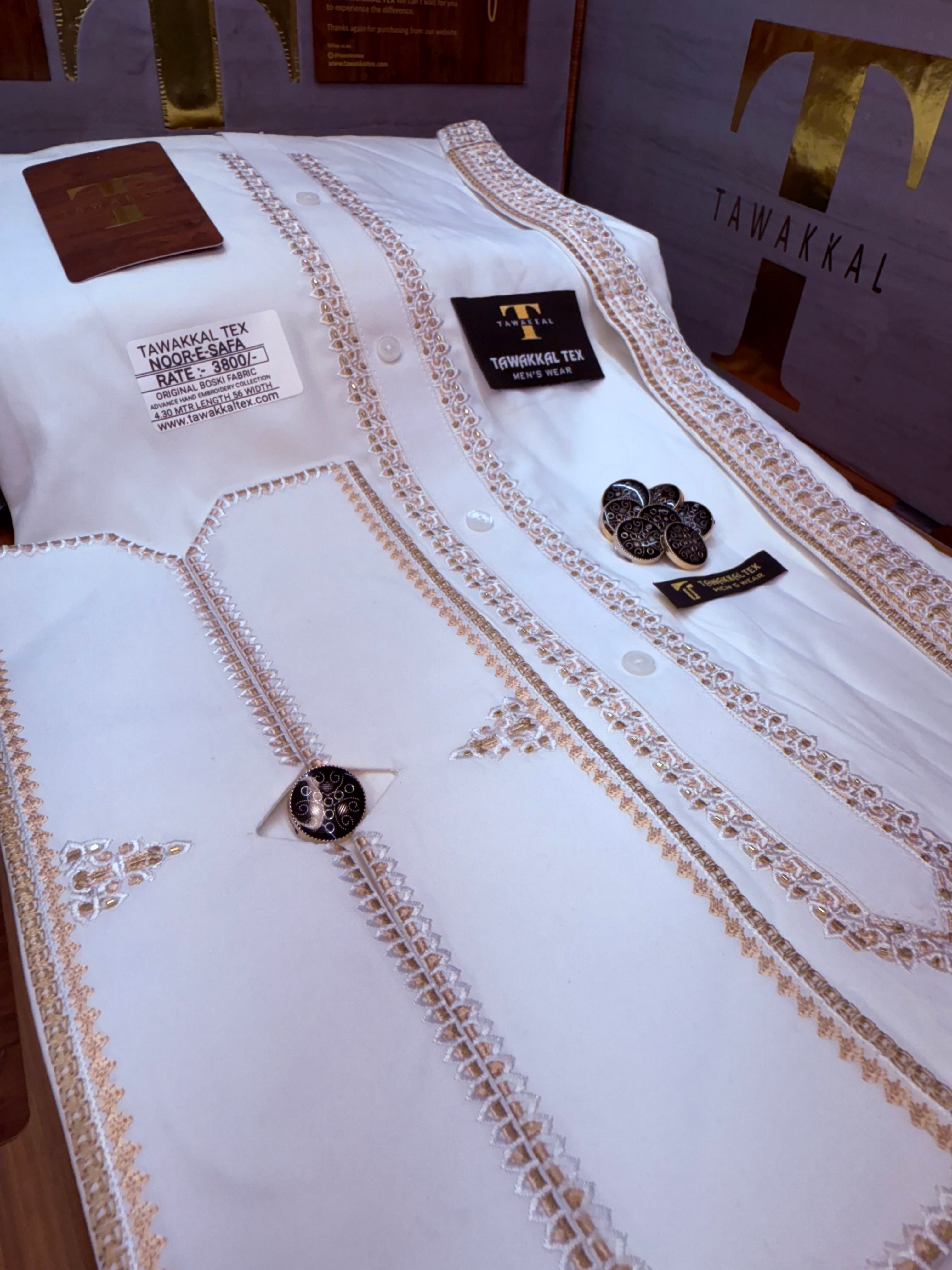 NOOR-E-SAFA BOSKI WHITE MULTANI ADVANCE TARKASHI HAND EMBROIDERY (TAWAKKAL TEX)