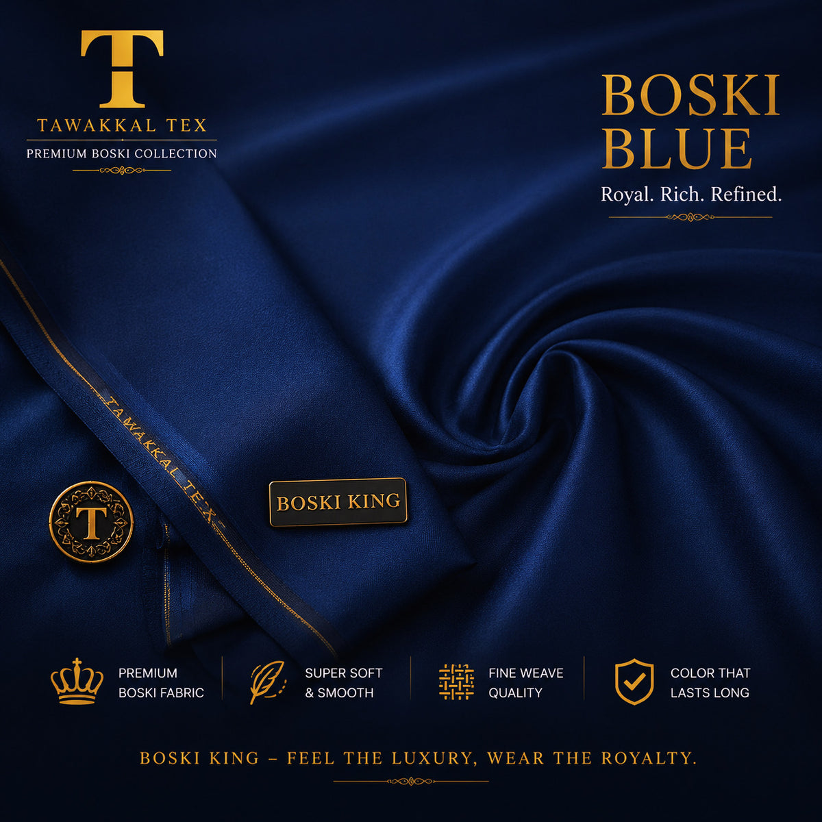 BOSKI KING Imperial Navy Blue Sapphire | Premium Imported Boski Unstitched Kurta Salwar Fabric | 4.5 MTR | By TAWAKKAL TEX