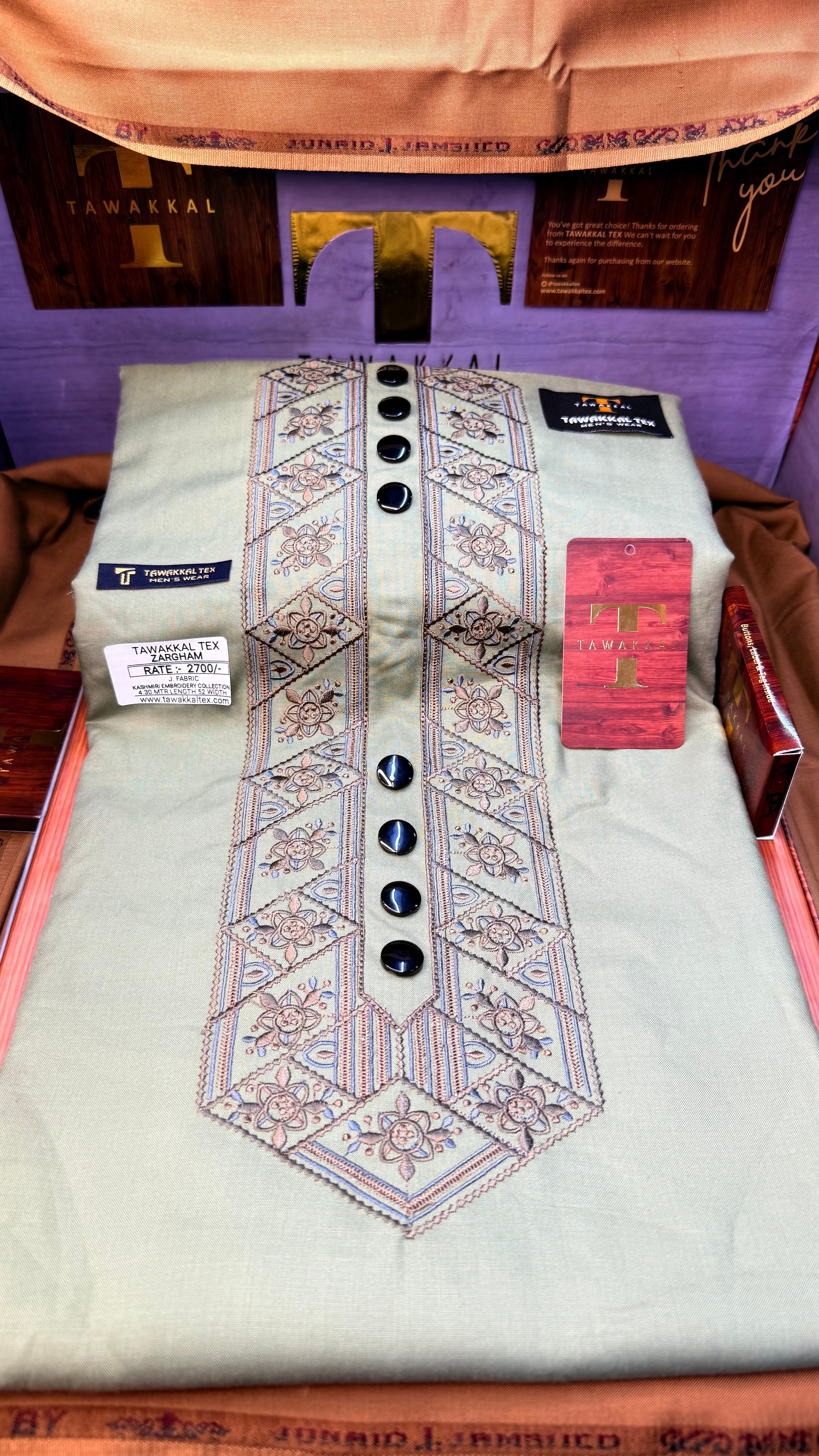 ZARGHAM OLIVE GROVE 109-07 MULTI COLOUR KASHMIRI EMBROIDERY UNSTICHED FULL KURTA SALWAR PATHANI (J. FABRIC IMPORTED) “Pics are clicked in HD cameras. Original color may vary from mobile to mobile depending on your handset. – Tawakkal Tex”