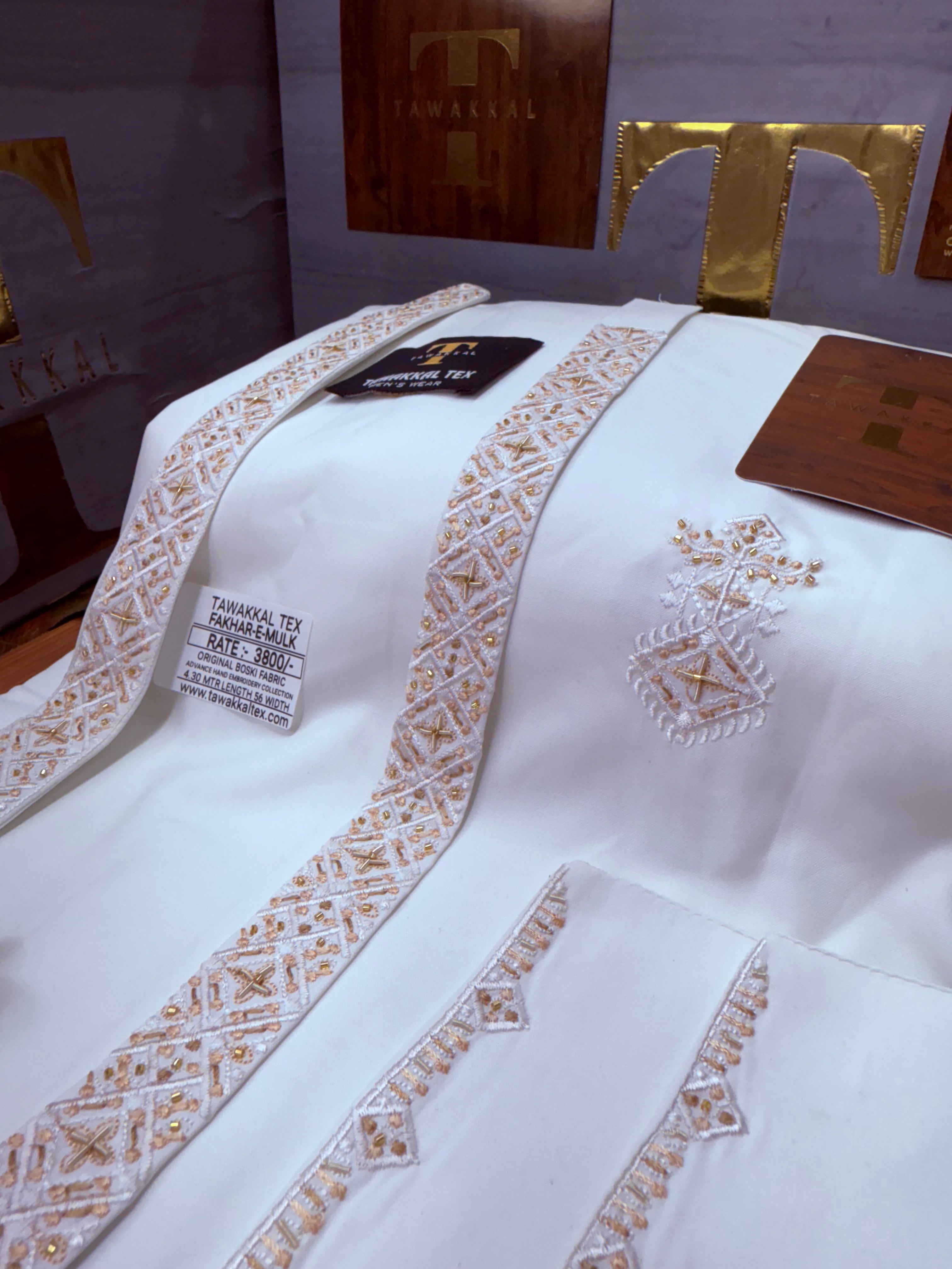 FAKHAR-E-MULK BOSKI WHITE MULTANI ADVANCE TARKASHI HAND EMBROIDERY (TAWAKKAL TEX)