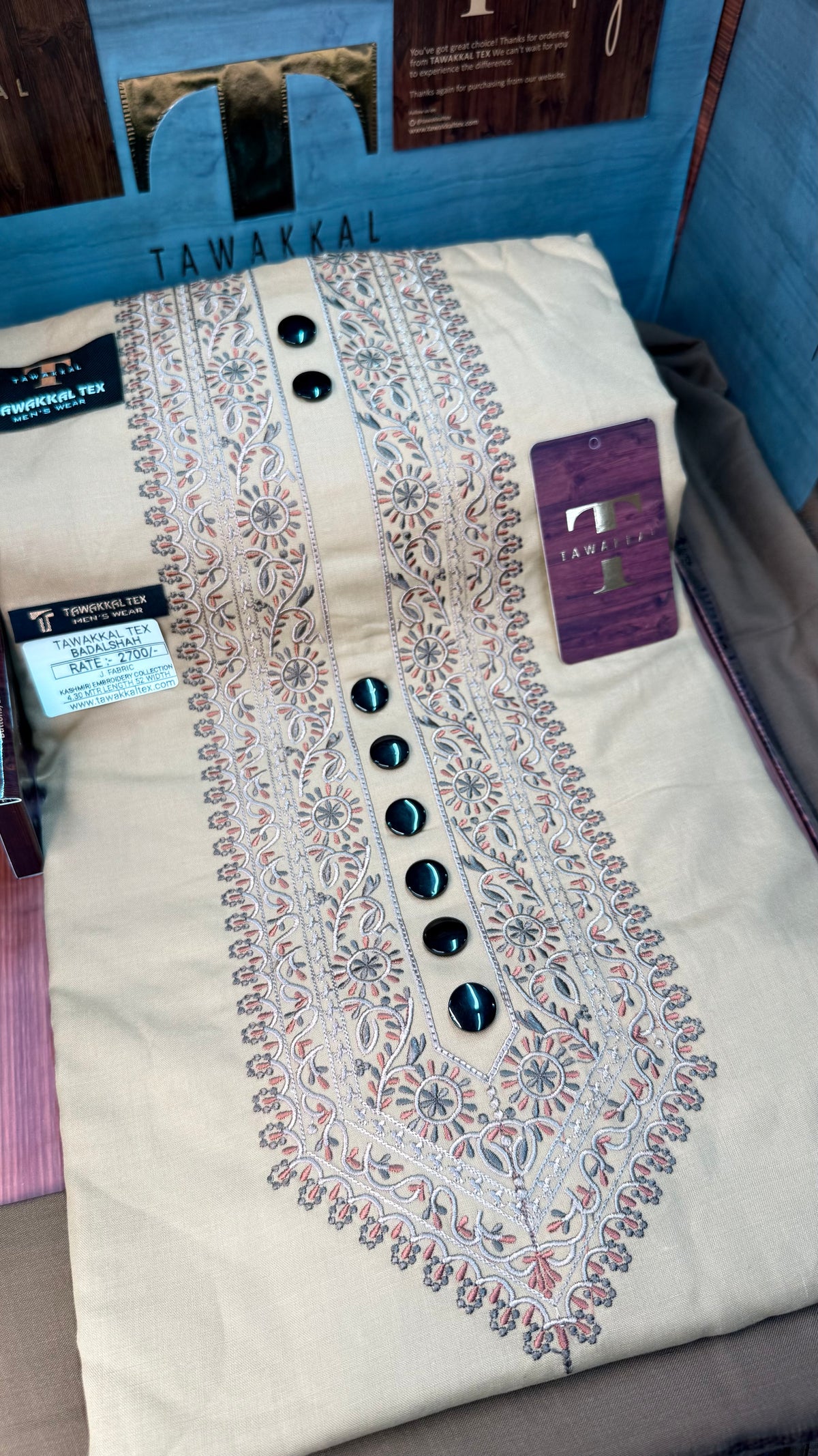 BADALSHAH GOLDEN DUNE MULTI COLOUR KASHMIRI EMBROIDERY UNSTICHED FULL KURTA SALWAR PATHANI (J. FABRIC IMPORTED) “Pics are clicked in HD cameras. Original color may vary from mobile to mobile depending on your handset. – Tawakkal Tex”