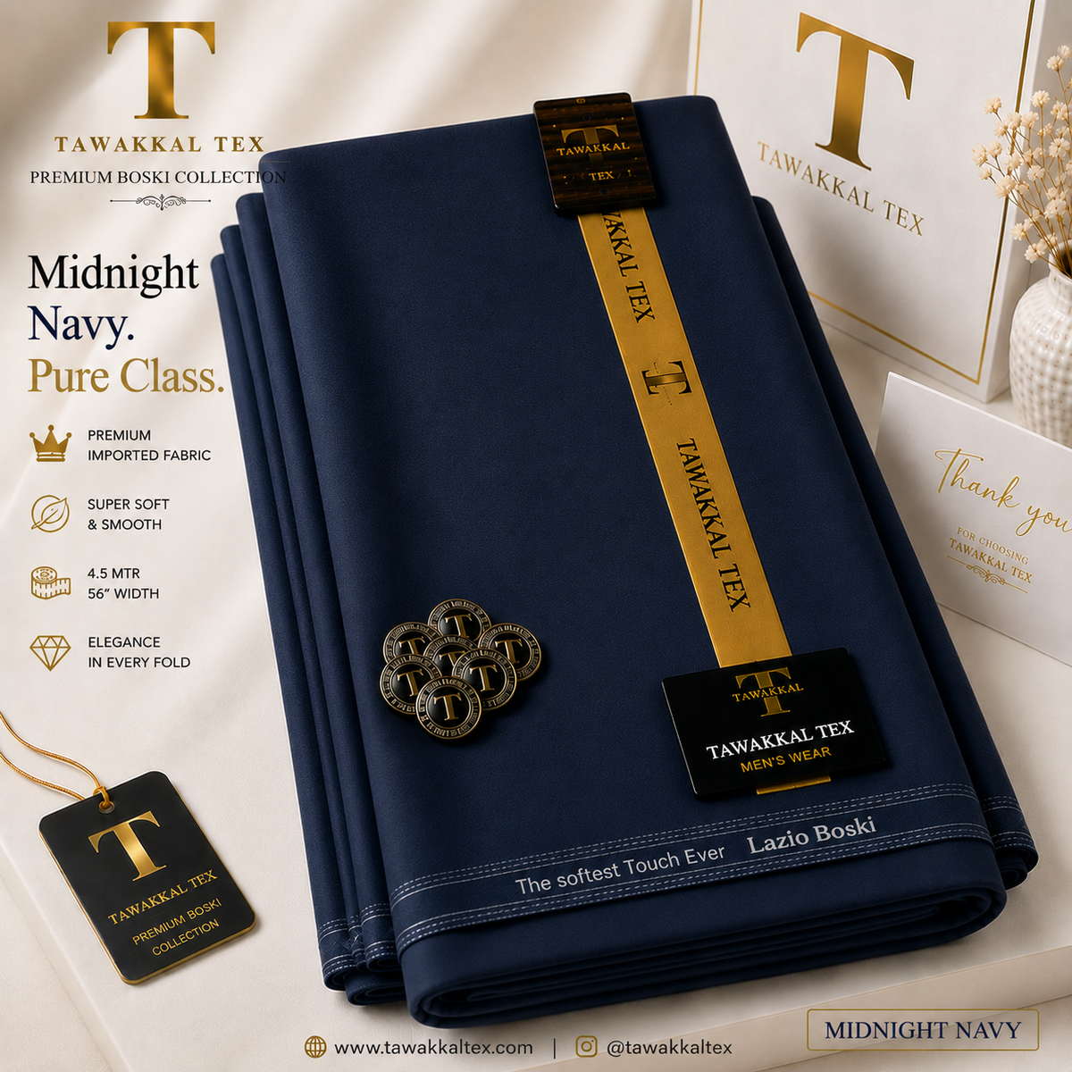 BOSKI KING Midnight Navy – Premium Lazio Boski Unstitched Kurta Salwar Fabric (TAWAKKAL TEX)