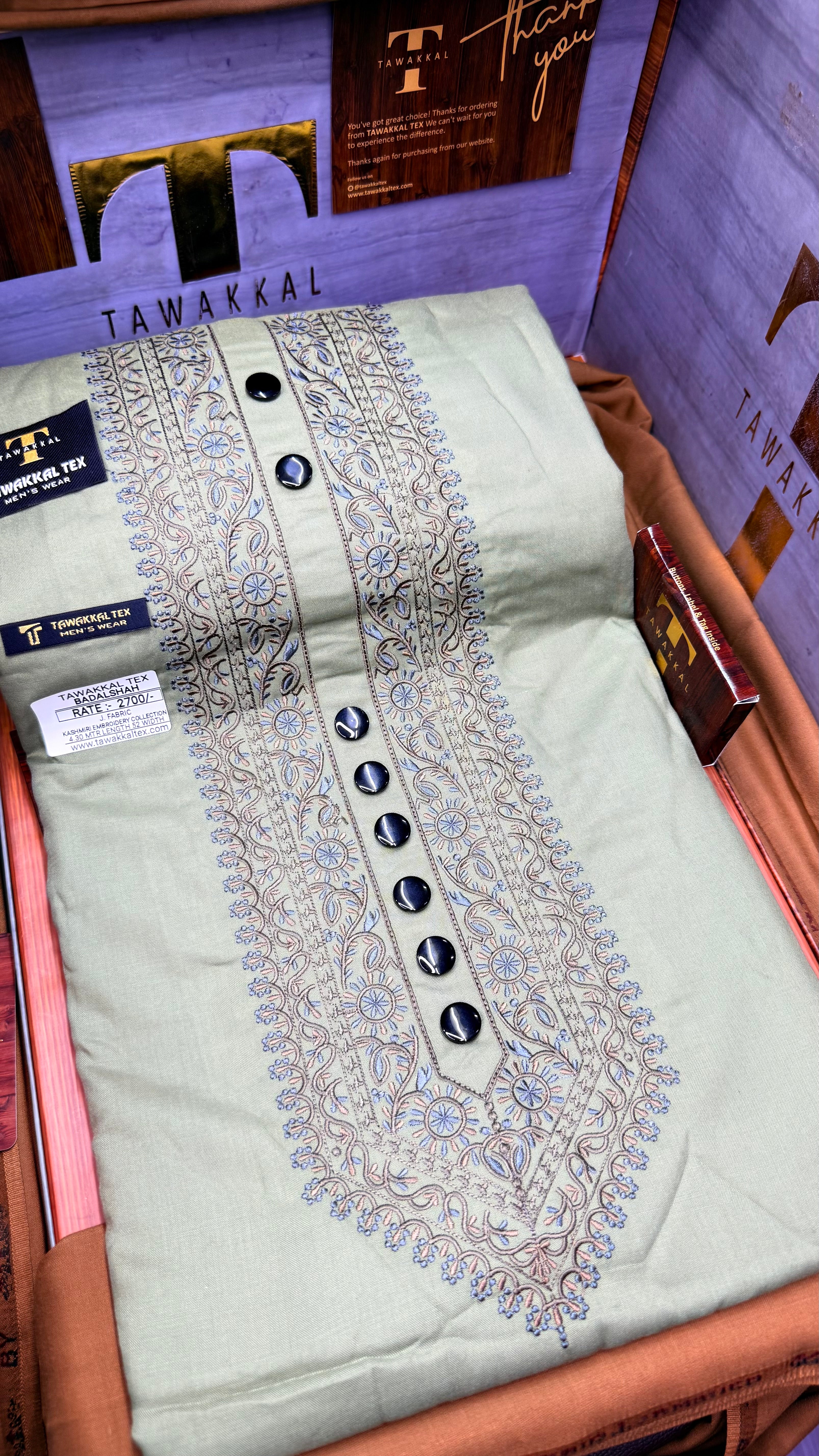 BADALSHAH OLIVE GROVE 105-07MULTI COLOUR KASHMIRI EMBROIDERY UNSTICHED FULL KURTA SALWAR PATHANI (J. FABRIC IMPORTED) “Pics are clicked in HD cameras. Original color may vary from mobile to mobile depending on your handset. – Tawakkal Tex”