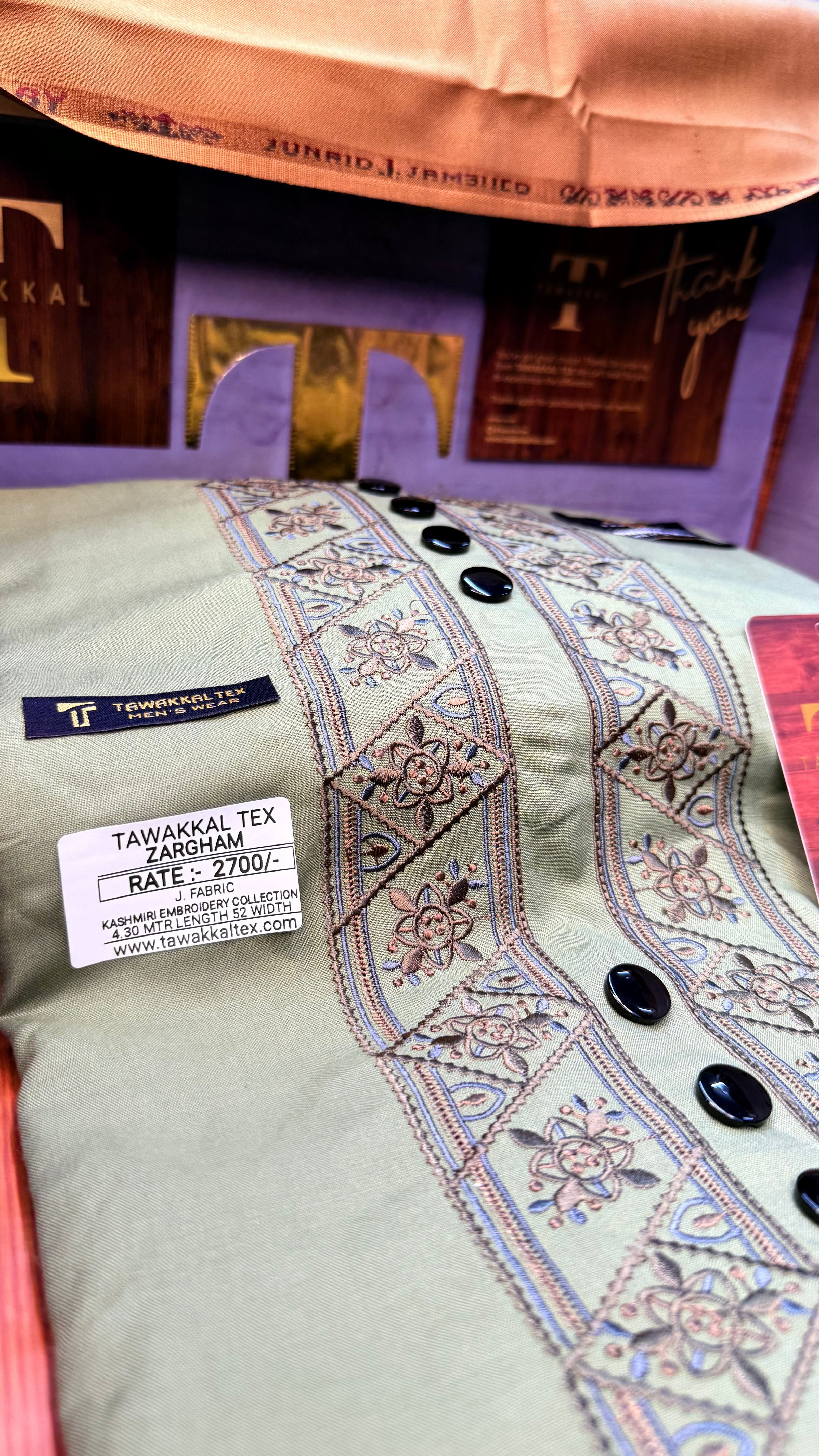 ZARGHAM OLIVE GROVE 109-07 MULTI COLOUR KASHMIRI EMBROIDERY UNSTICHED FULL KURTA SALWAR PATHANI (J. FABRIC IMPORTED) “Pics are clicked in HD cameras. Original color may vary from mobile to mobile depending on your handset. – Tawakkal Tex”