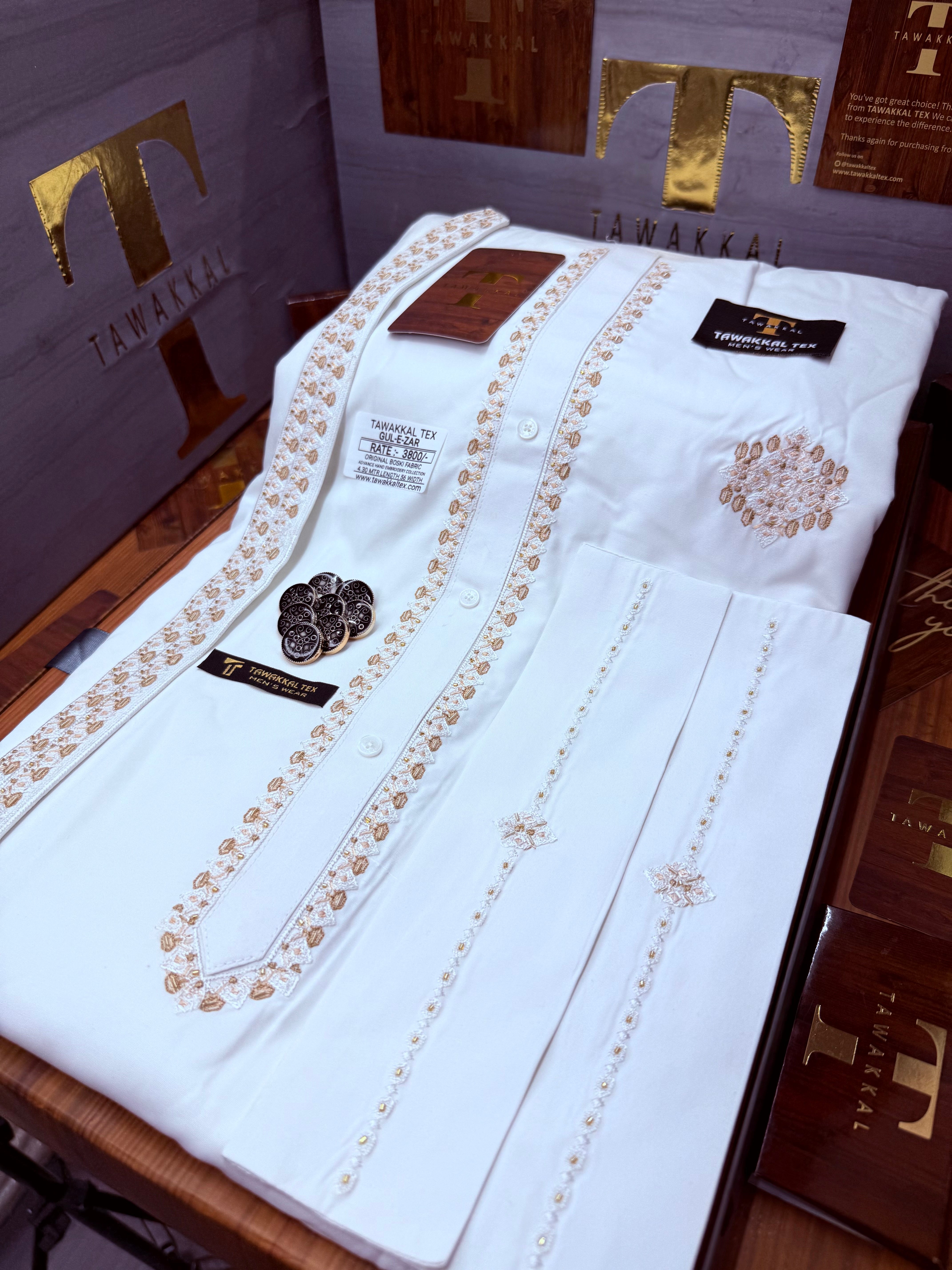 GUL-E-ZAR BOSKI WHITE MULTANI ADVANCE TARKASHI HAND EMBROIDERY (TAWAKKAL TEX)