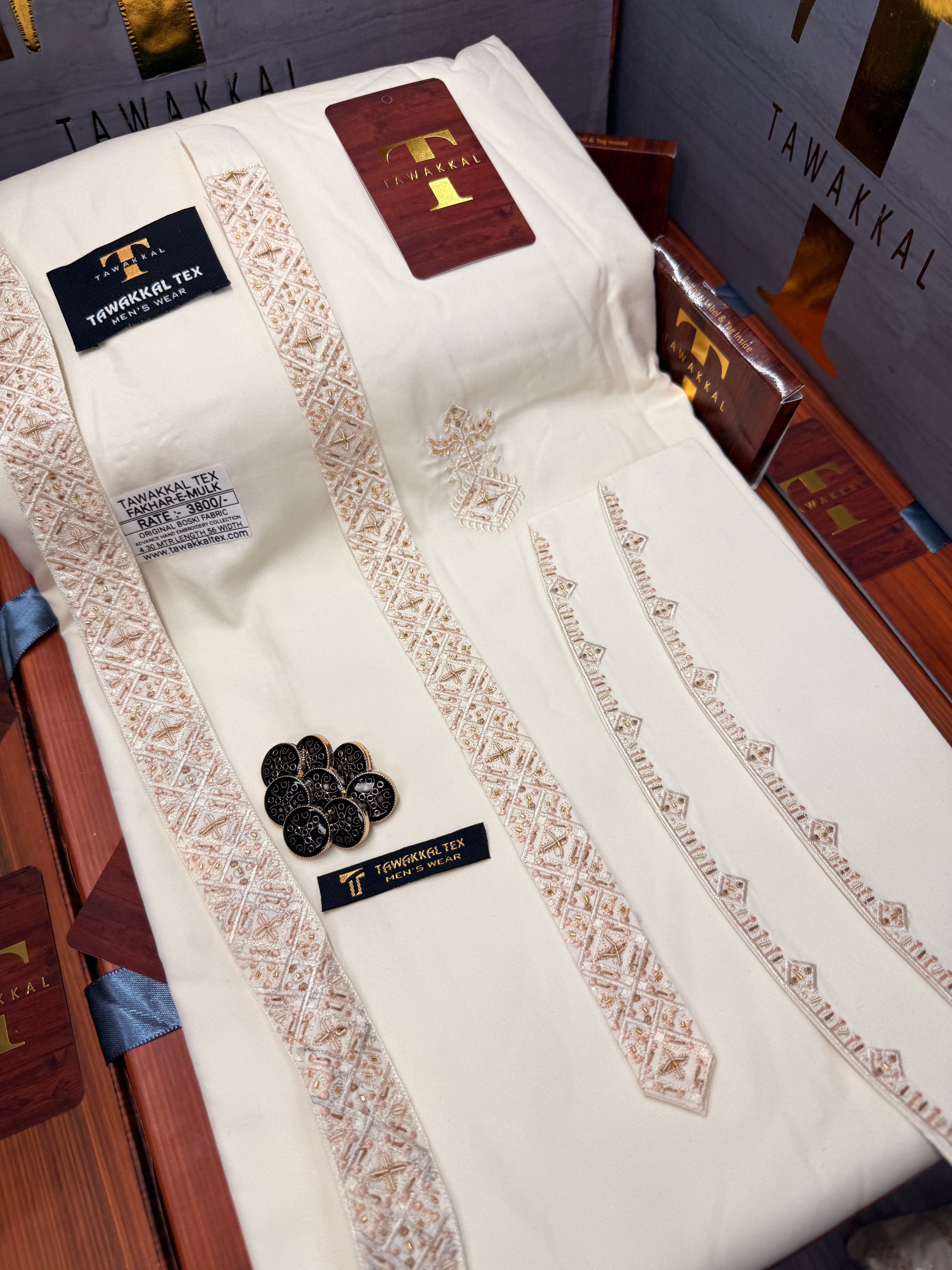 FAKHAR-E-MULK BOSKI CREAM MULTANI ADVANCE TARKASHI HAND EMBROIDERY (TAWAKKAL TEX)