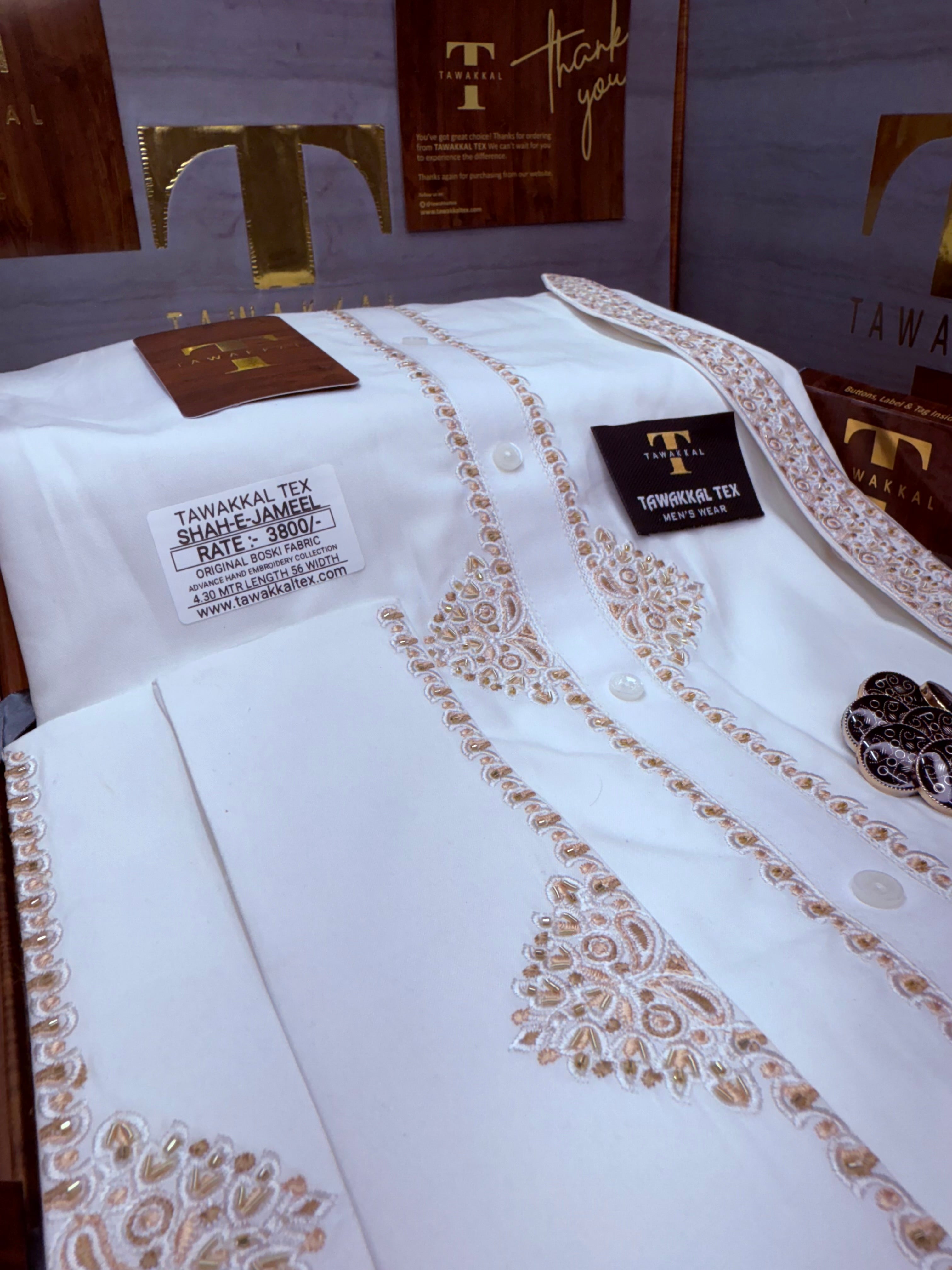 SHAH-E-JAMEEL BOSKI WHITE MULTANI ADVANCE TARKASHI HAND EMBROIDERY (TAWAKKAL TEX)