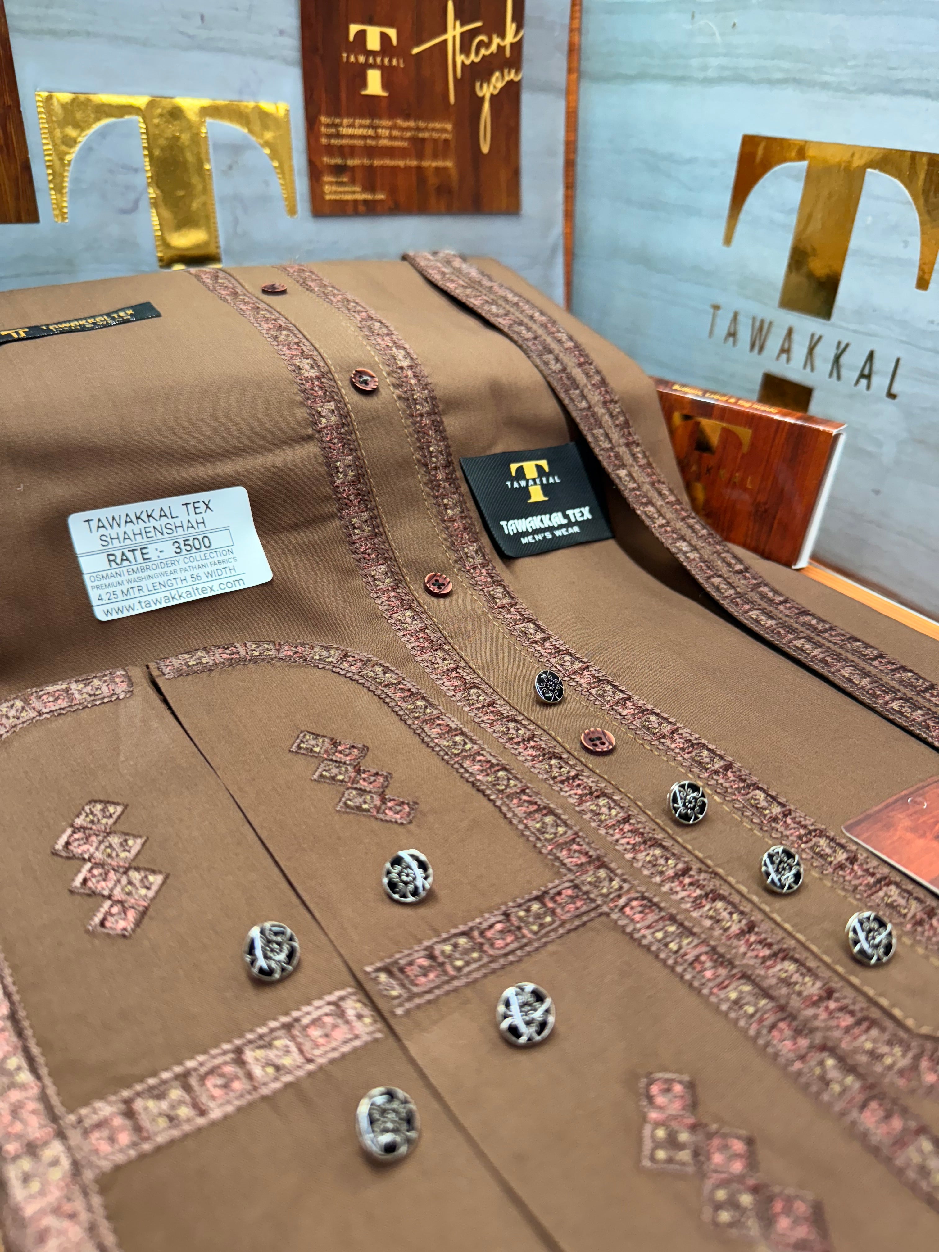 OSM-1476 HUNTER BROWN  SHAHENSHAH  KURTA SALAWAR (PREMIUM OSMANI EMBROIDERY PATHANI)