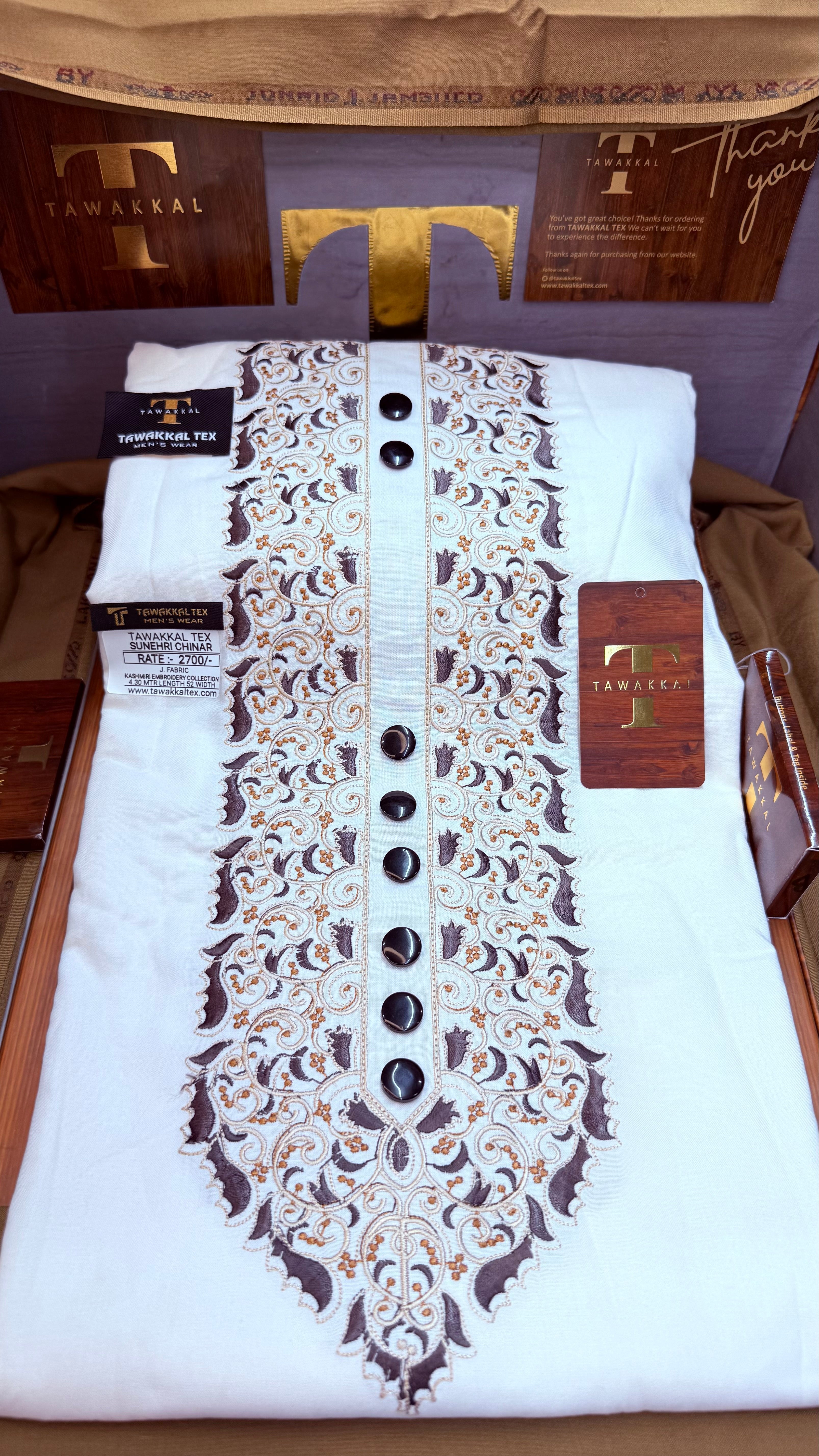 SUNEHRI CHINAR IVORY NOIR 107-10 MULTI COLOUR KASHMIRI EMBROIDERY UNSTICHED FULL KURTA SALWAR PATHANI (J. FABRIC IMPORTED) “Pics are clicked in HD cameras. Original color may vary from mobile to mobile depending on your handset. – Tawakkal Tex”