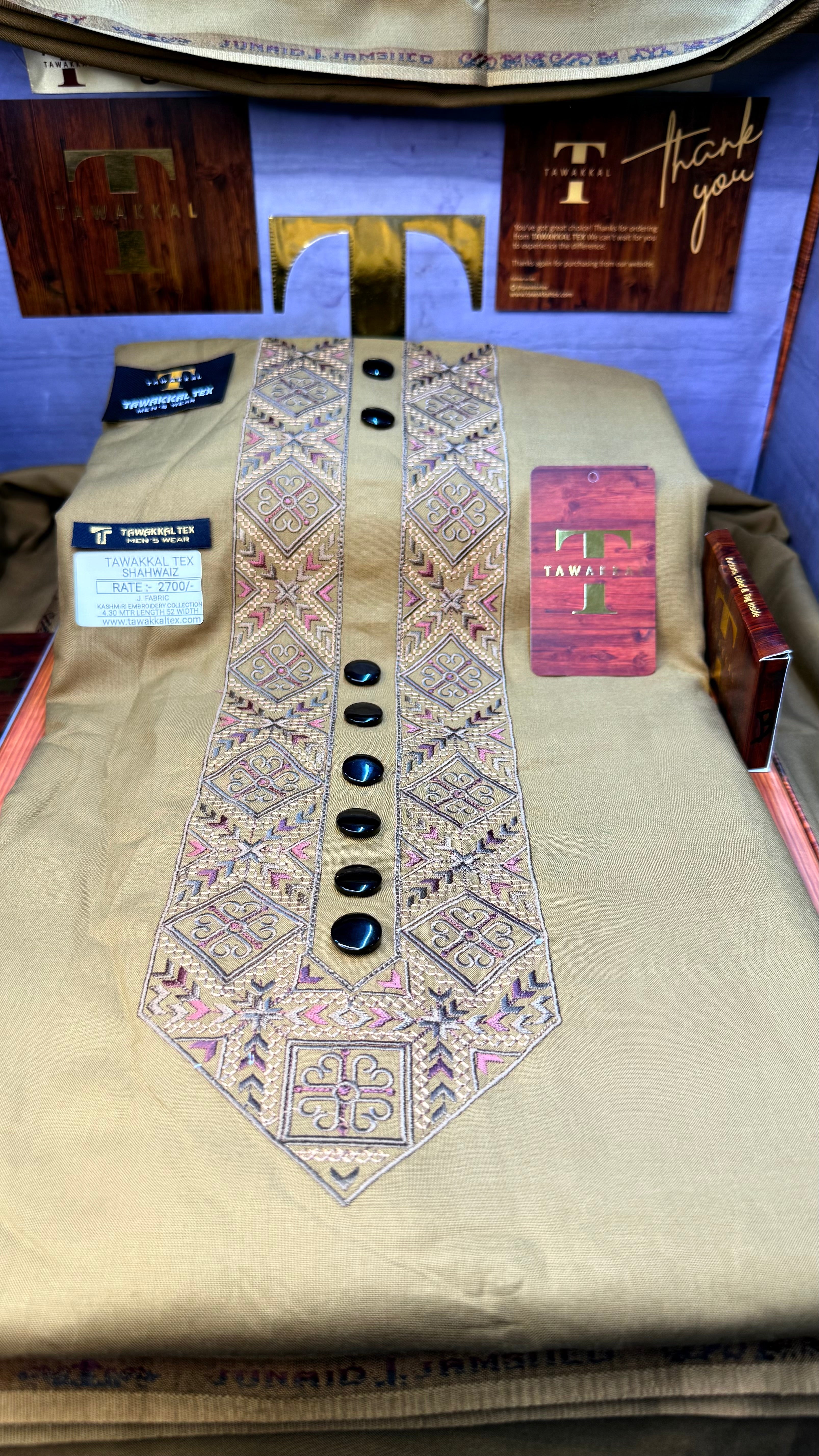 SHAHWAIZ AMBER WOOD 110-04 MULTI COLOUR KASHMIRI EMBROIDERY UNSTICHED FULL KURTA SALWAR PATHANI (J. FABRIC IMPORTED) “Pics are clicked in HD cameras. Original color may vary from mobile to mobile depending on your handset. – Tawakkal Tex”
