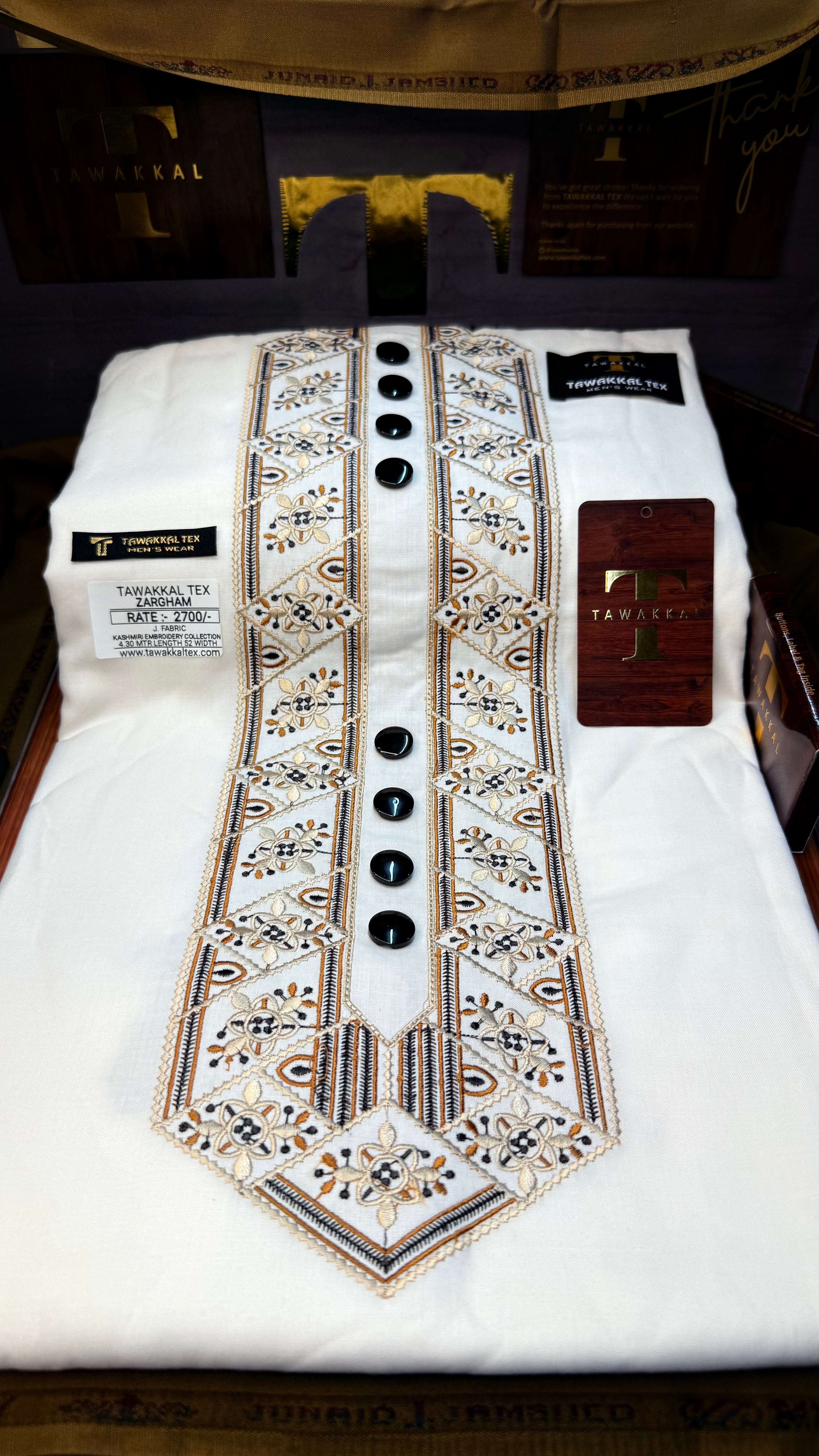ZARGHAM IVORY NOIR 109-10 MULTI COLOUR KASHMIRI EMBROIDERY UNSTICHED FULL KURTA SALWAR PATHANI (J. FABRIC IMPORTED) “Pics are clicked in HD cameras. Original color may vary from mobile to mobile depending on your handset. – Tawakkal Tex”