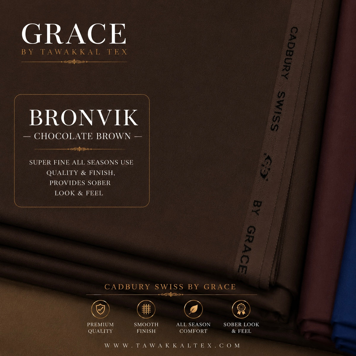 GRACE CADBURY SWISS  — BRONVIK | CHOCOLATE BROWN  Premium All Seasons Use Kurta Salwar Fabric 4.50 MTR | 54–56 Width  BY GRACE INTERNATIONAL
