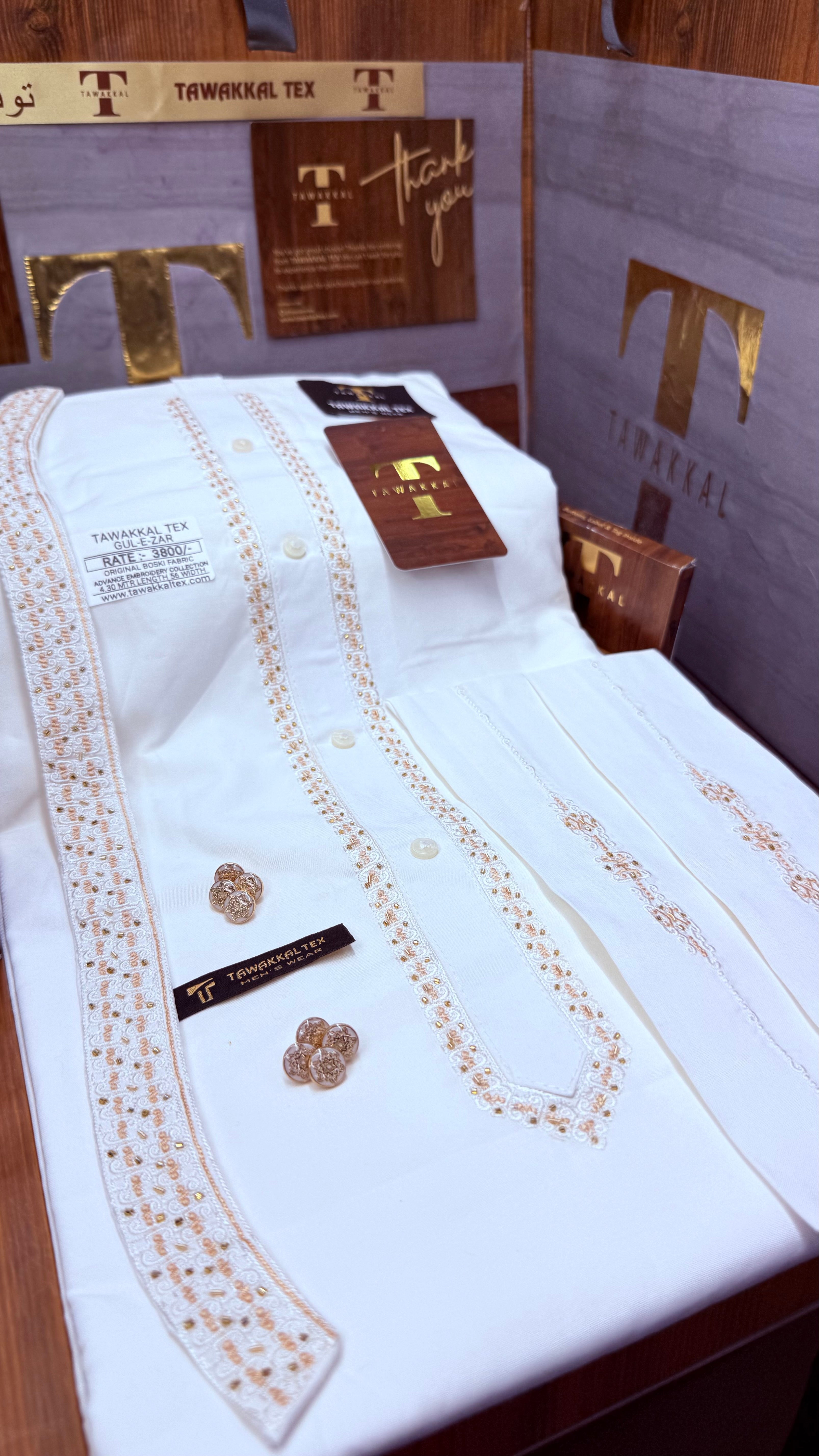 -GUL-E-ZAR BOSKI KING WHITE ADVANCE TARKASHI EMBROIDERY UNSTICHED KURTA SALWAR PATHANI (TAWAKKAL TEX)