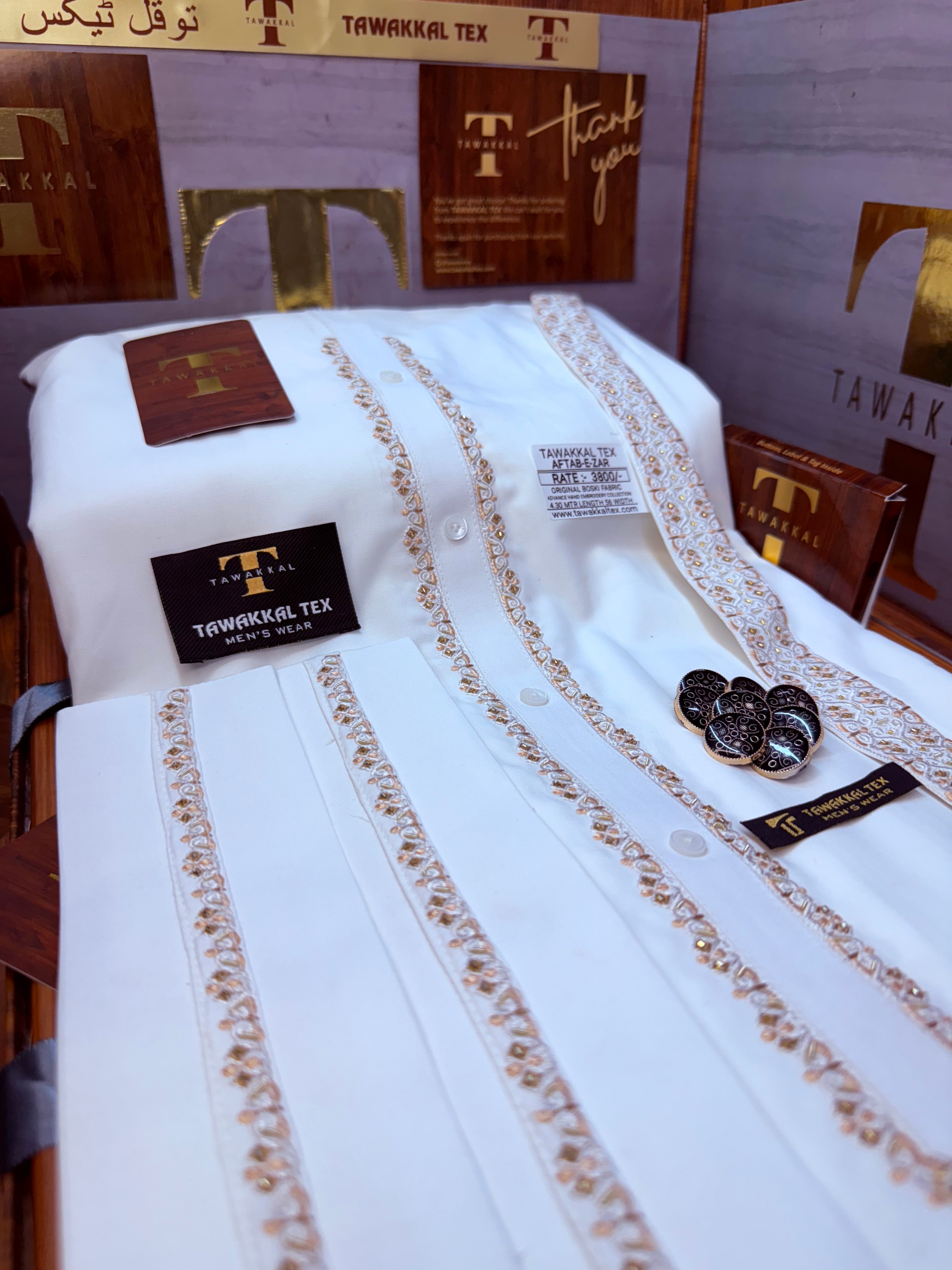 A AFTAB-E-ZAR BOSKI WHITE MULTANI ADVANCE TARKASHI HAND EMBROIDERY (TAWAKKAL TEX)