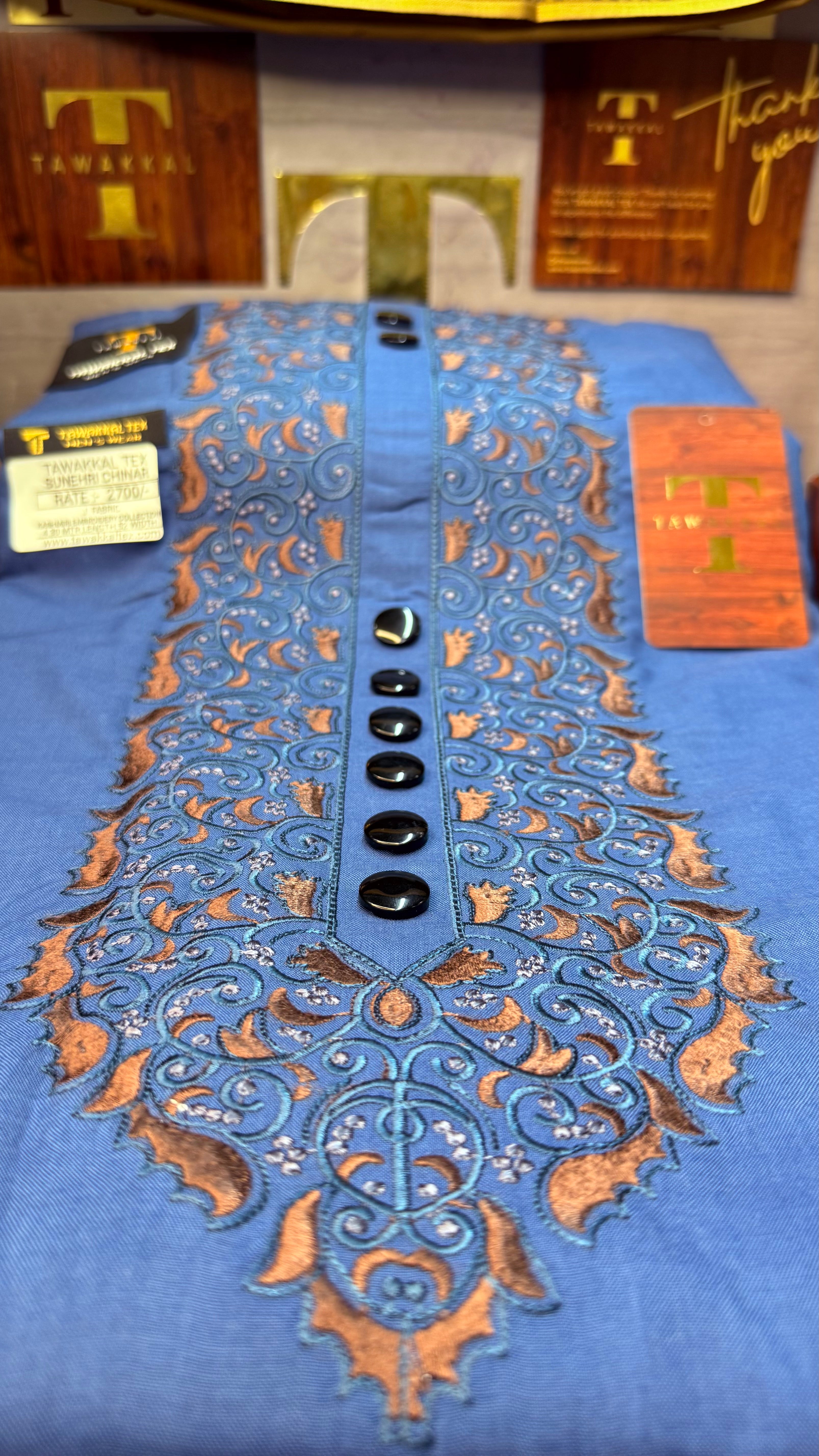 SUNEHRI CHINAR TEAL MIDNIGHT 107-09 MULTI COLOUR KASHMIRI EMBROIDERY UNSTICHED FULL KURTA SALWAR PATHANI (J. FABRIC IMPORTED) “Pics are clicked in HD cameras. Original color may vary from mobile to mobile depending on your handset. – Tawakkal Tex”
