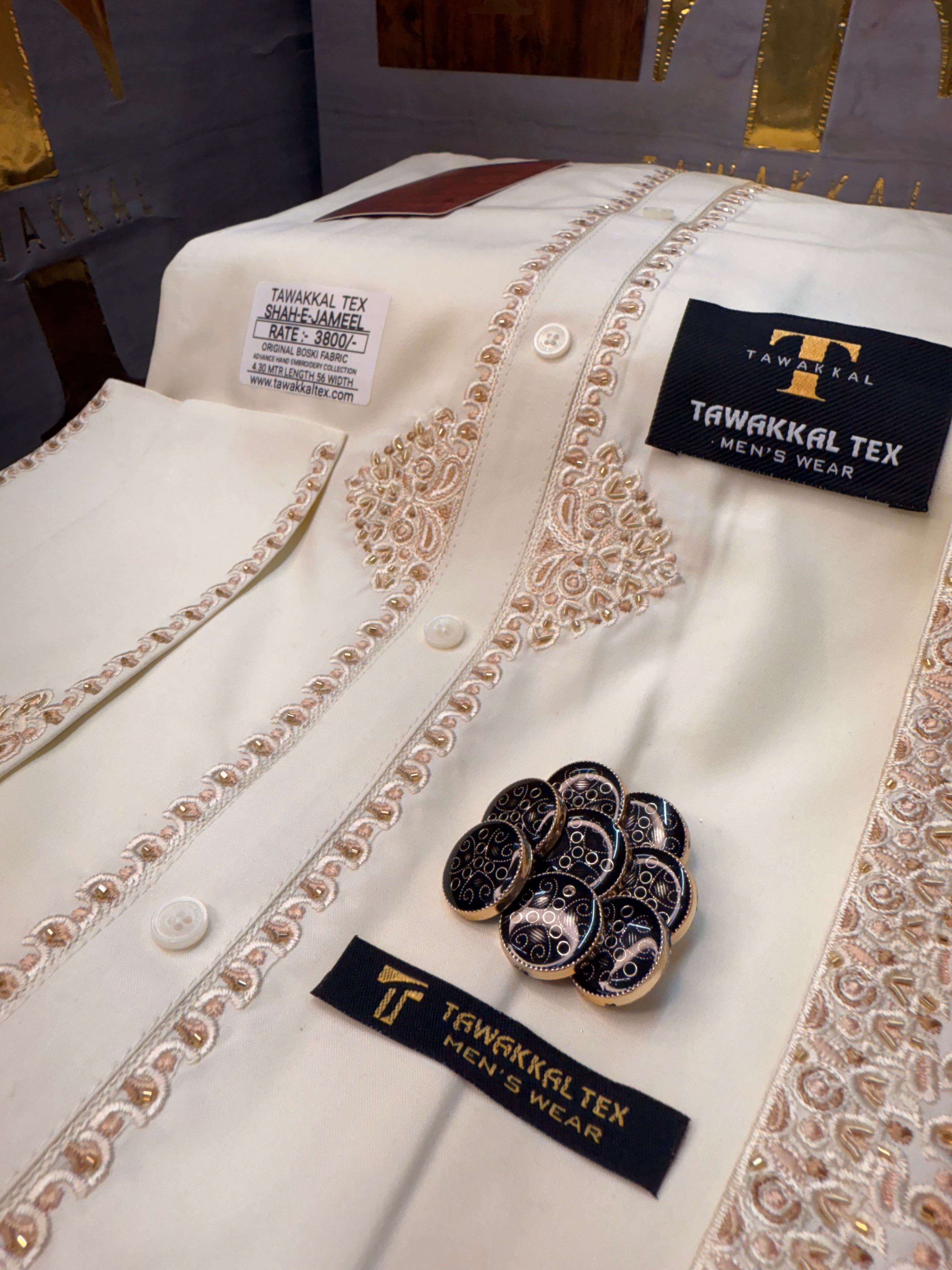 A SHAH-E-JAMEEL BOSKI CREAM MULTANI ADVANCE TARKASHI HAND EMBROIDERY (TAWAKKAL TEX)