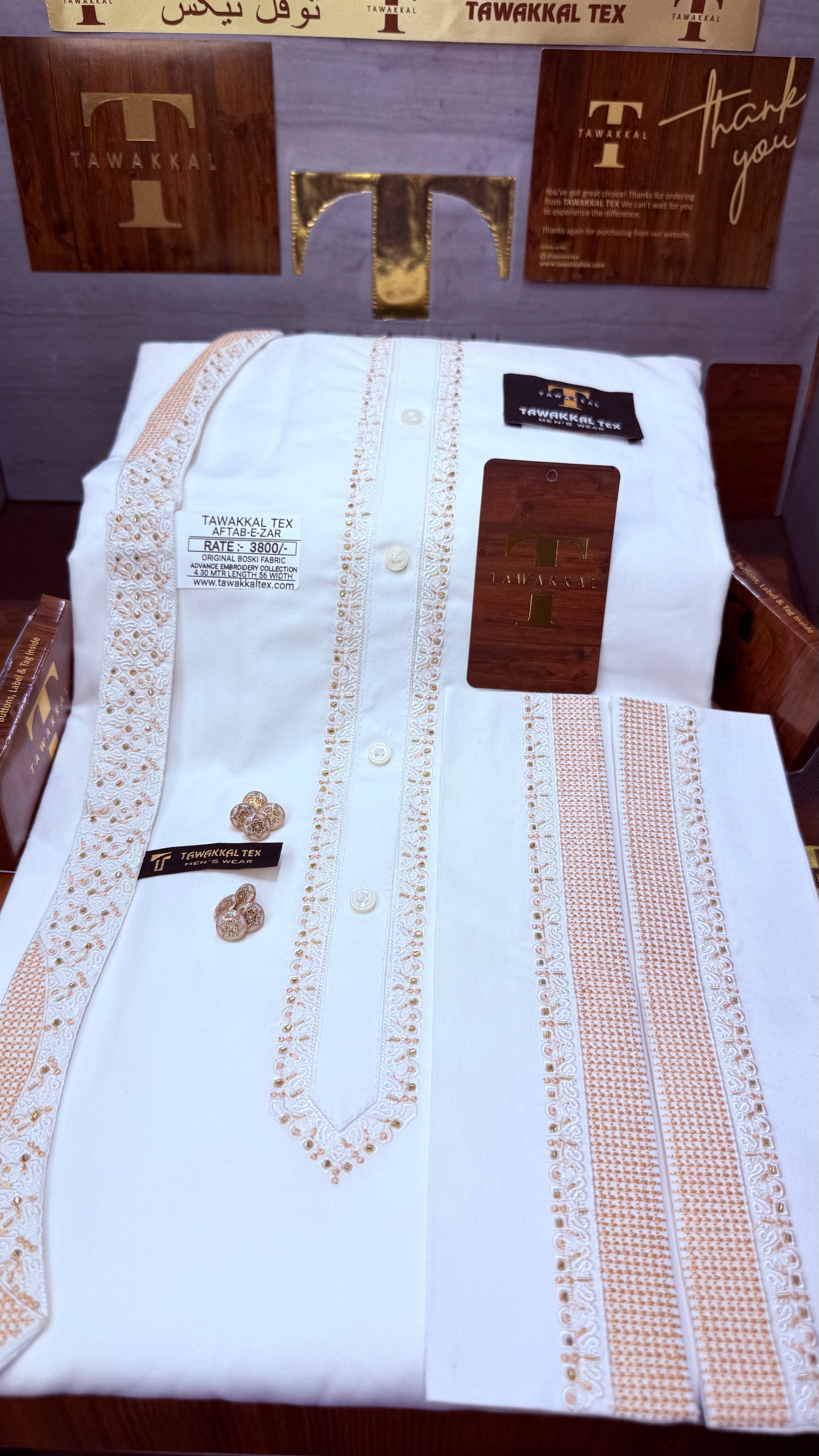 -AFTAB-E-ZAR BOSKI KING WHITE ADVANCE TARKASHI EMBROIDERY UNSTICHED KURTA SALWAR PATHANI (TAWAKKAL TEX)