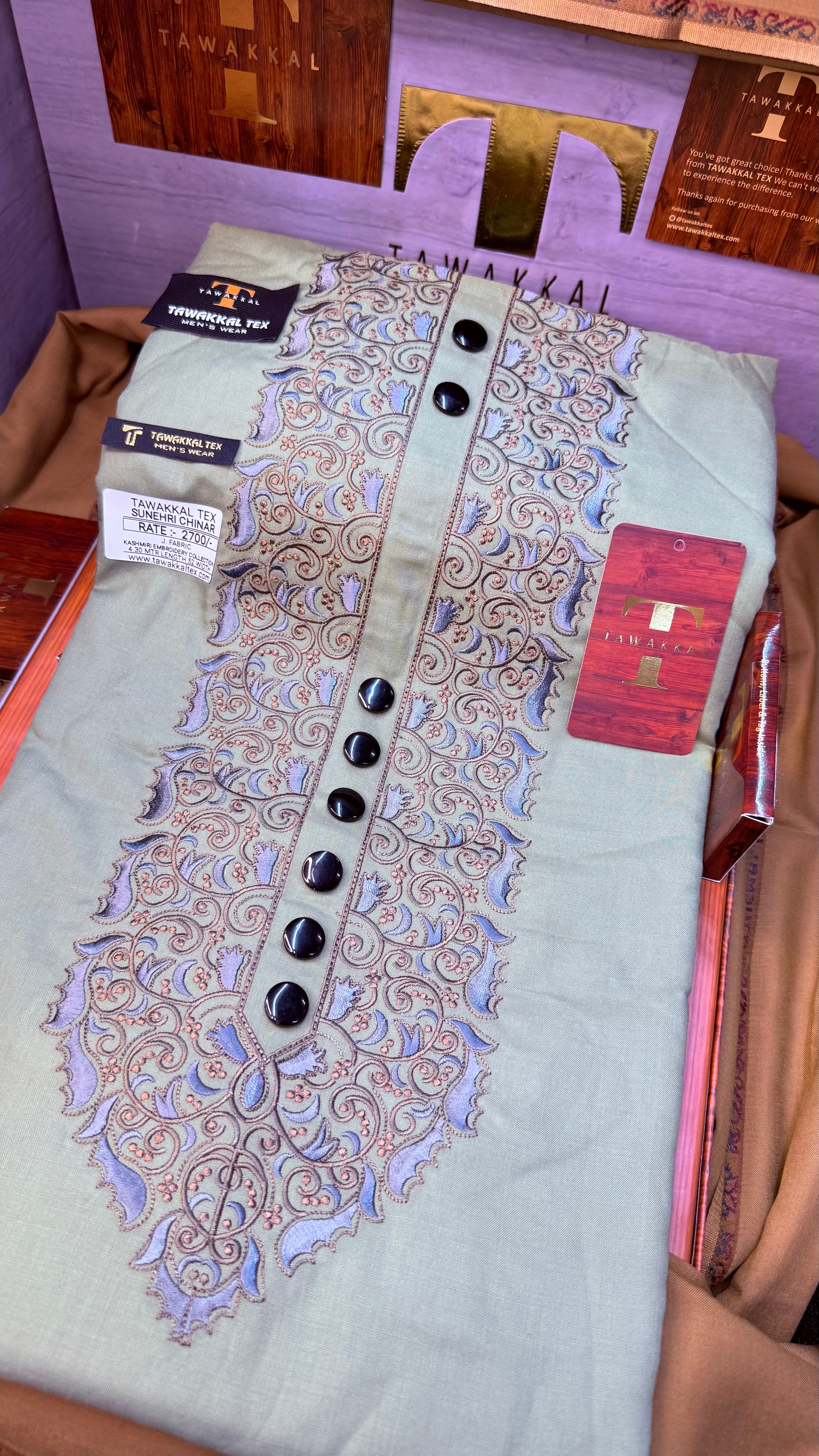 SUNEHRI CHINAR OLIVE GROVE 107-07 MULTI COLOUR KASHMIRI EMBROIDERY UNSTICHED FULL KURTA SALWAR PATHANI (J. FABRIC IMPORTED) “Pics are clicked in HD cameras. Original color may vary from mobile to mobile depending on your handset. – Tawakkal Tex”