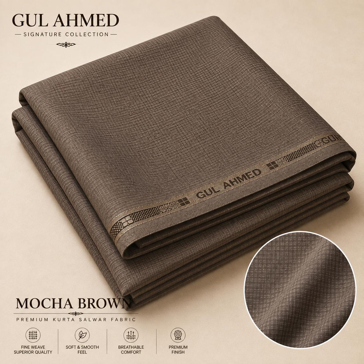 GUL AHMED Signature Collection Premium Kurta Salwar Fabric – 4.5 Mtr – Mocha Brown