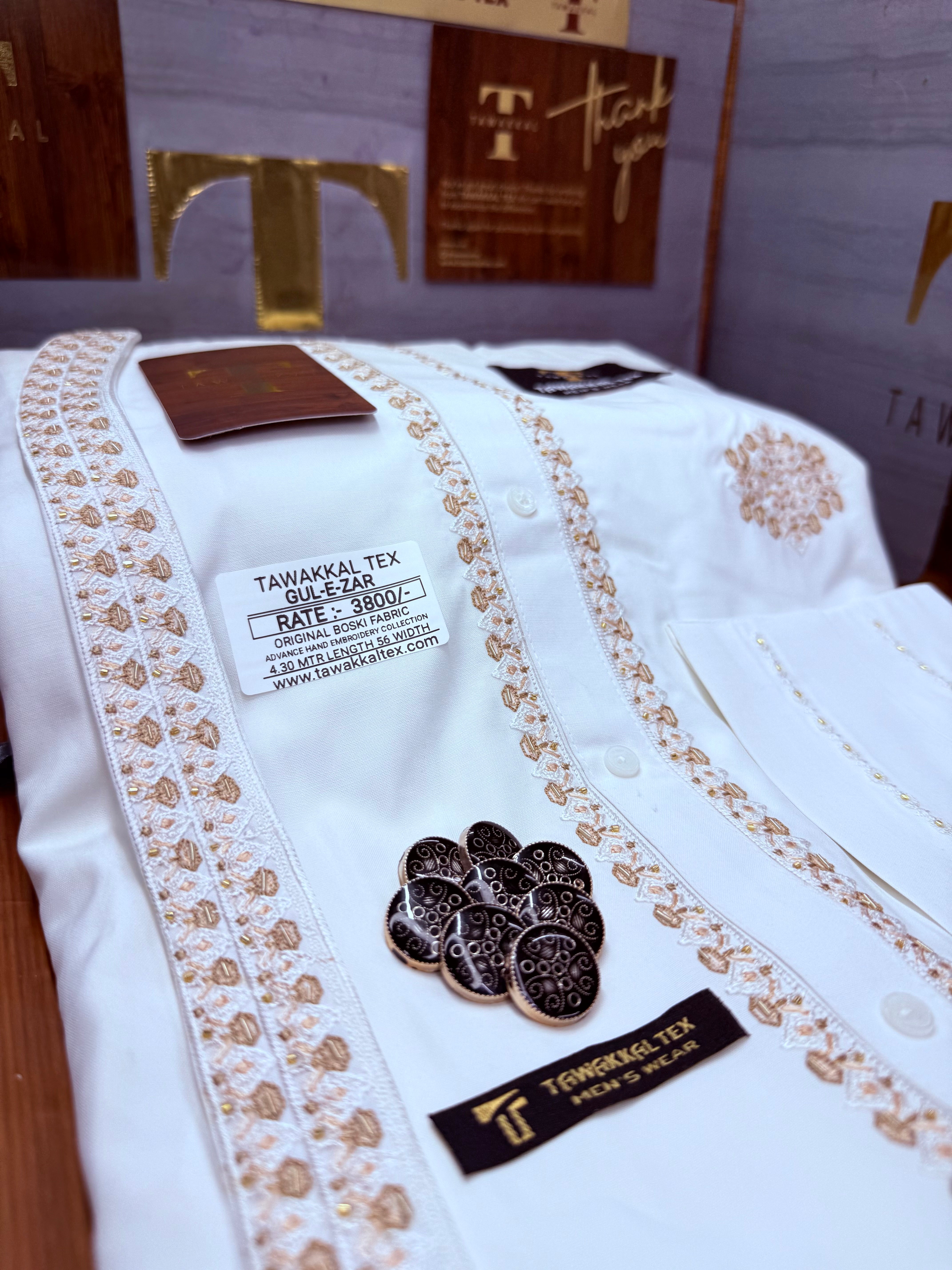 GUL-E-ZAR BOSKI WHITE MULTANI ADVANCE TARKASHI HAND EMBROIDERY (TAWAKKAL TEX)