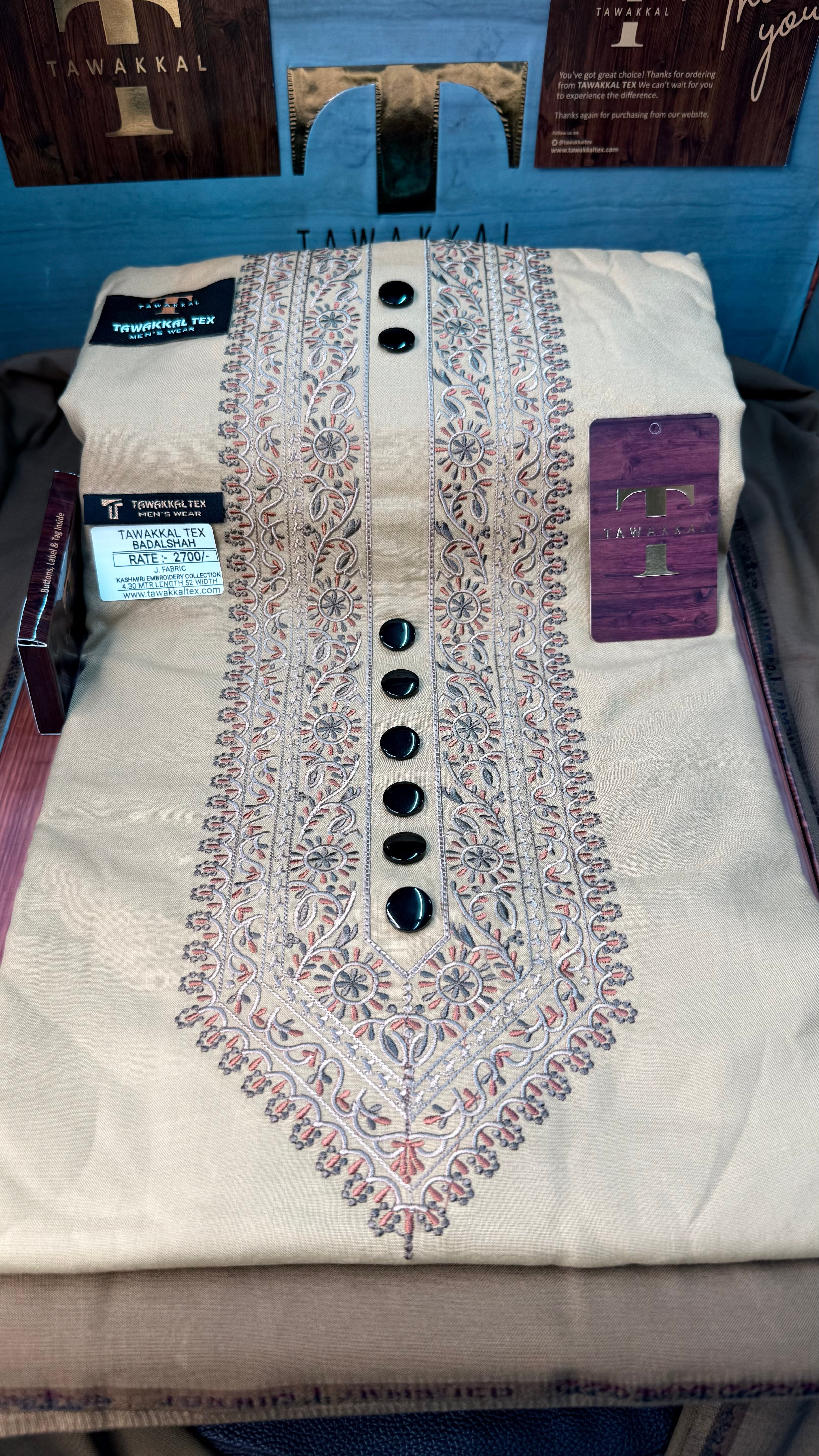 BADALSHAH GOLDEN DUNE MULTI COLOUR KASHMIRI EMBROIDERY UNSTICHED FULL KURTA SALWAR PATHANI (J. FABRIC IMPORTED) “Pics are clicked in HD cameras. Original color may vary from mobile to mobile depending on your handset. – Tawakkal Tex”