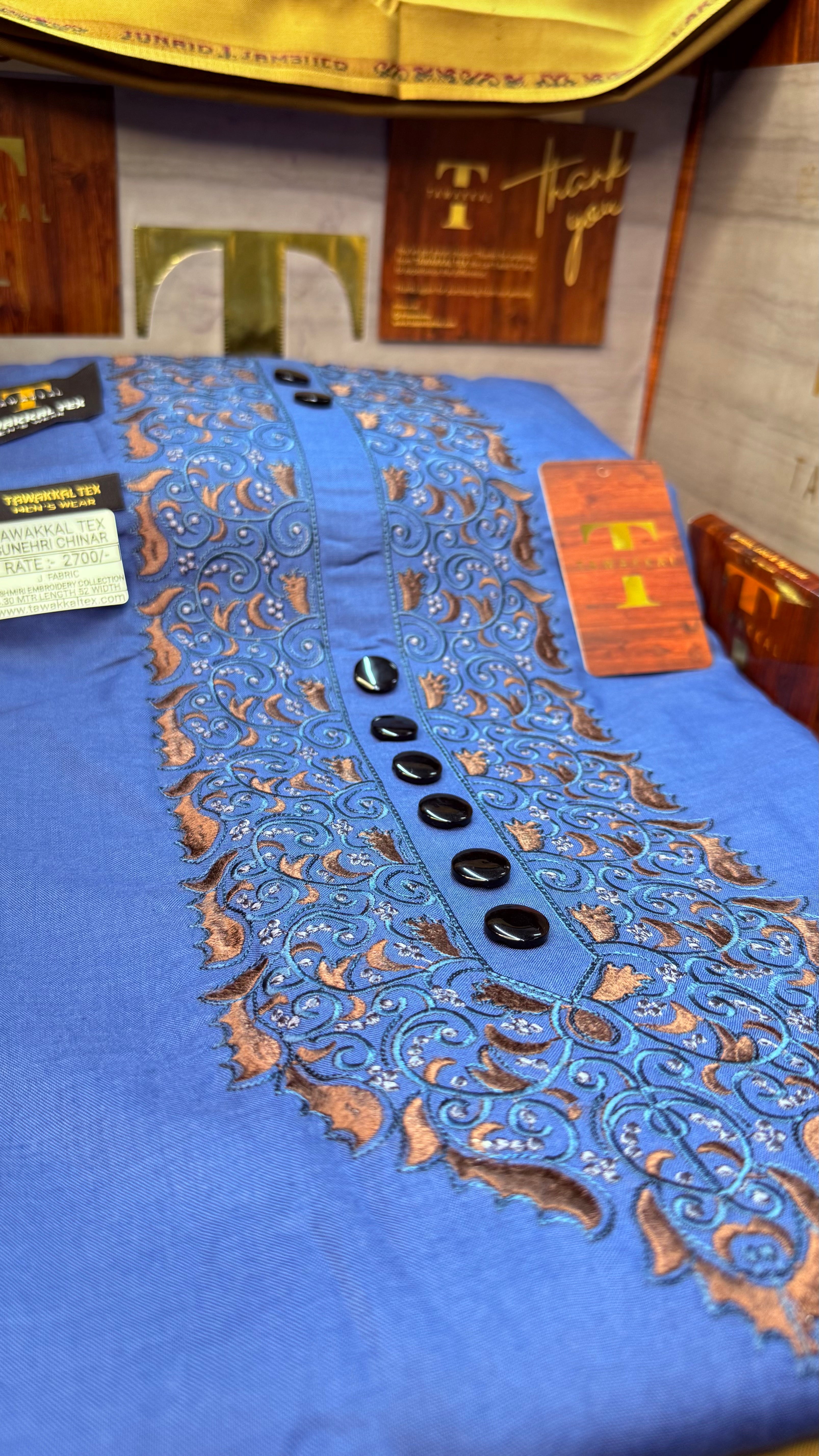 SUNEHRI CHINAR TEAL MIDNIGHT 107-09 MULTI COLOUR KASHMIRI EMBROIDERY UNSTICHED FULL KURTA SALWAR PATHANI (J. FABRIC IMPORTED) “Pics are clicked in HD cameras. Original color may vary from mobile to mobile depending on your handset. – Tawakkal Tex”