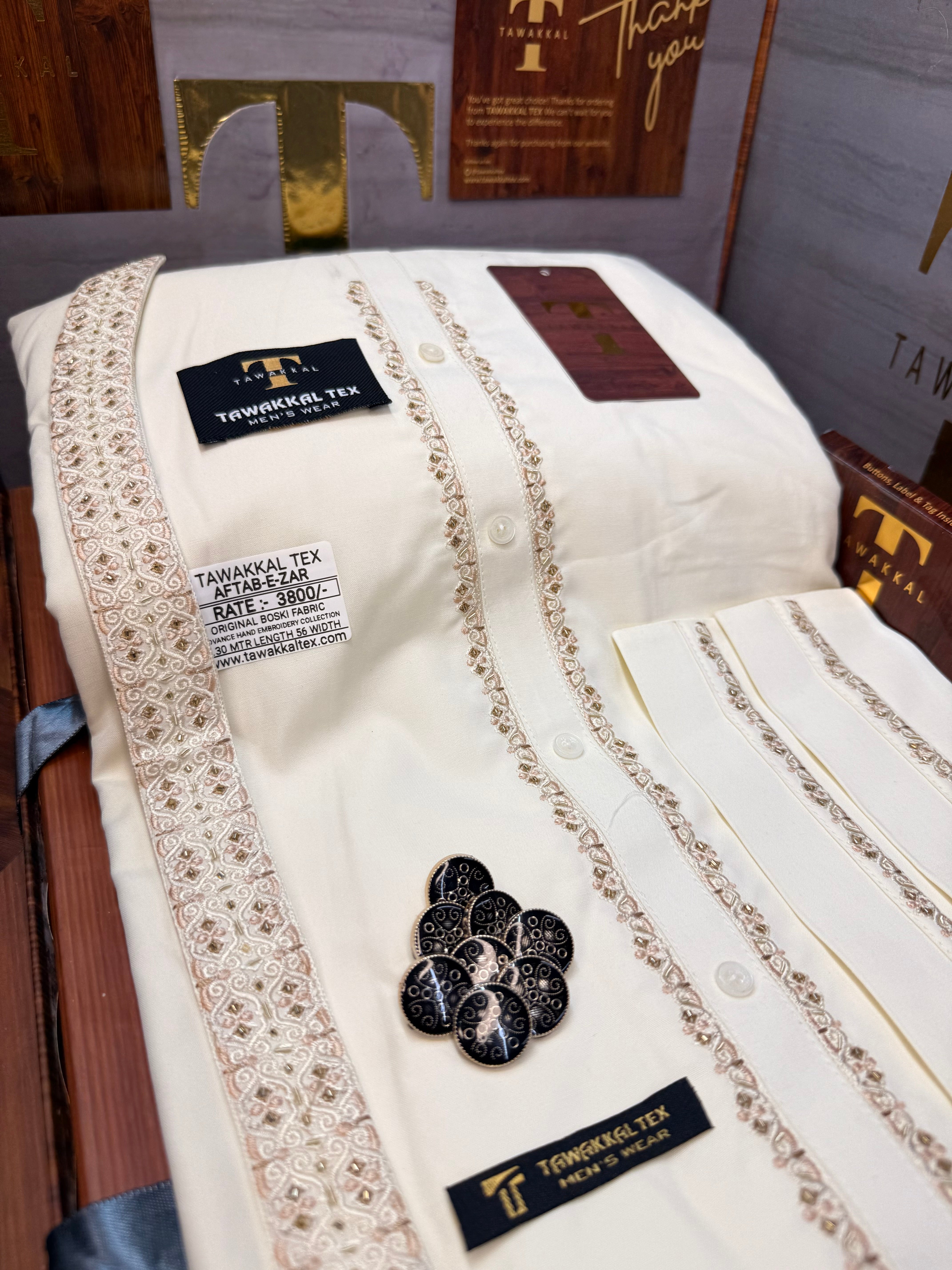 AFTAB-E-ZAR BOSKI CREAM MULTANI ADVANCE TARKASHI HAND EMBROIDERY (TAWAKKAL TEX)