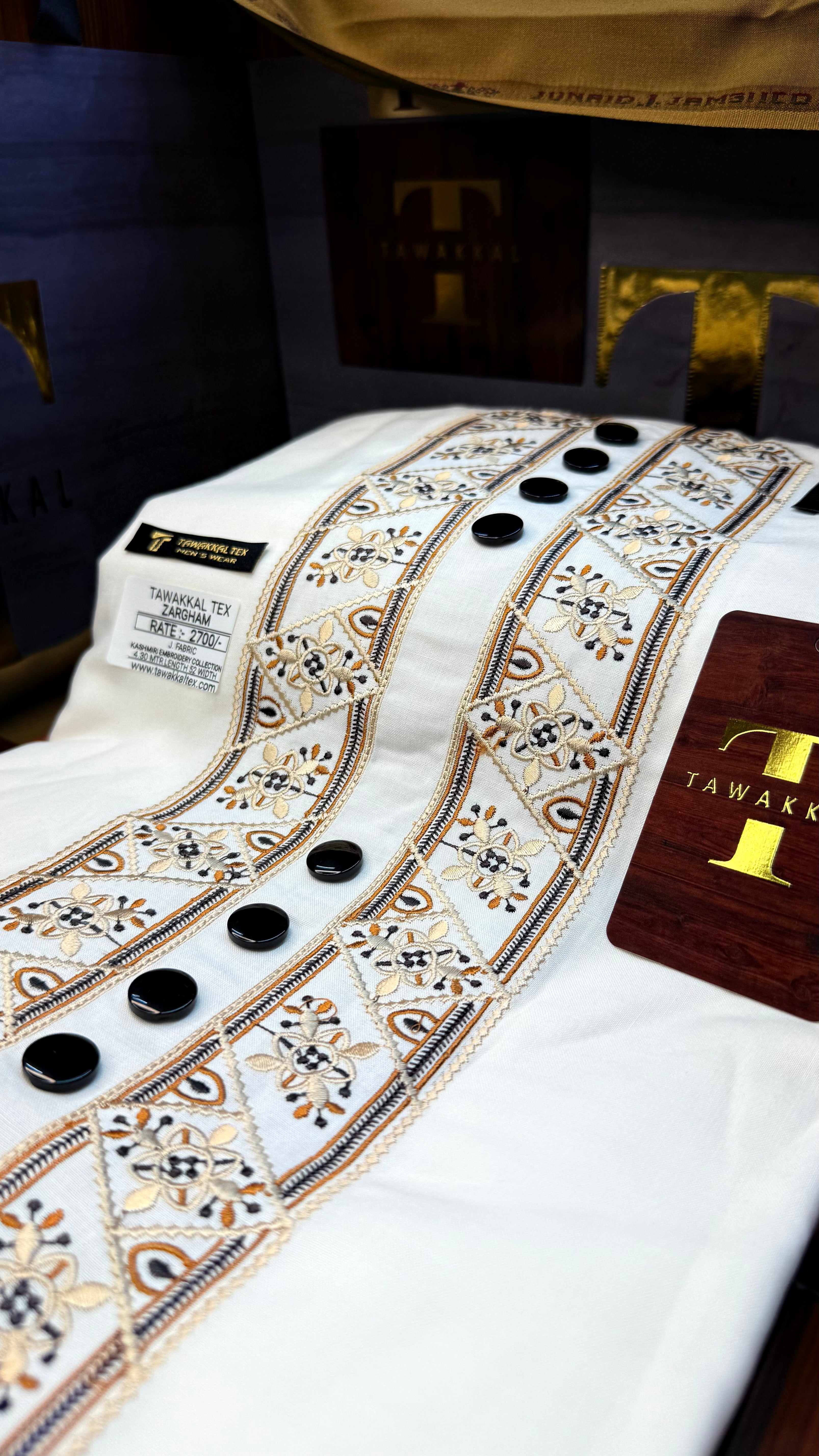ZARGHAM IVORY NOIR 109-10 MULTI COLOUR KASHMIRI EMBROIDERY UNSTICHED FULL KURTA SALWAR PATHANI (J. FABRIC IMPORTED) “Pics are clicked in HD cameras. Original color may vary from mobile to mobile depending on your handset. – Tawakkal Tex”