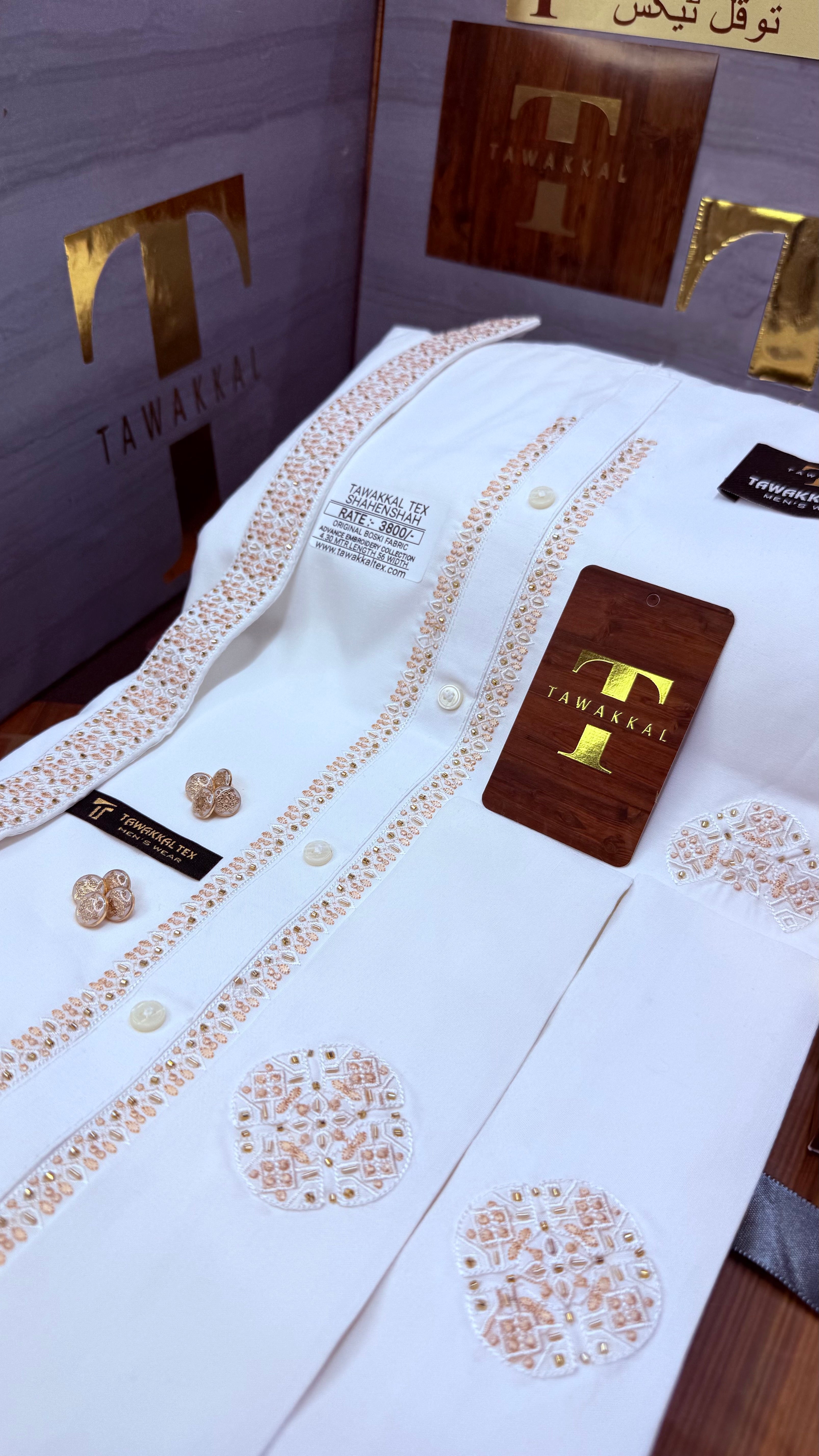 -SHAHENSHAH BOSKI WHITE ADVANCE TARKASHI EMBROIDERY UNSTICHED KURTA SALWAR PATHANI (TAWAKKAL TEX)