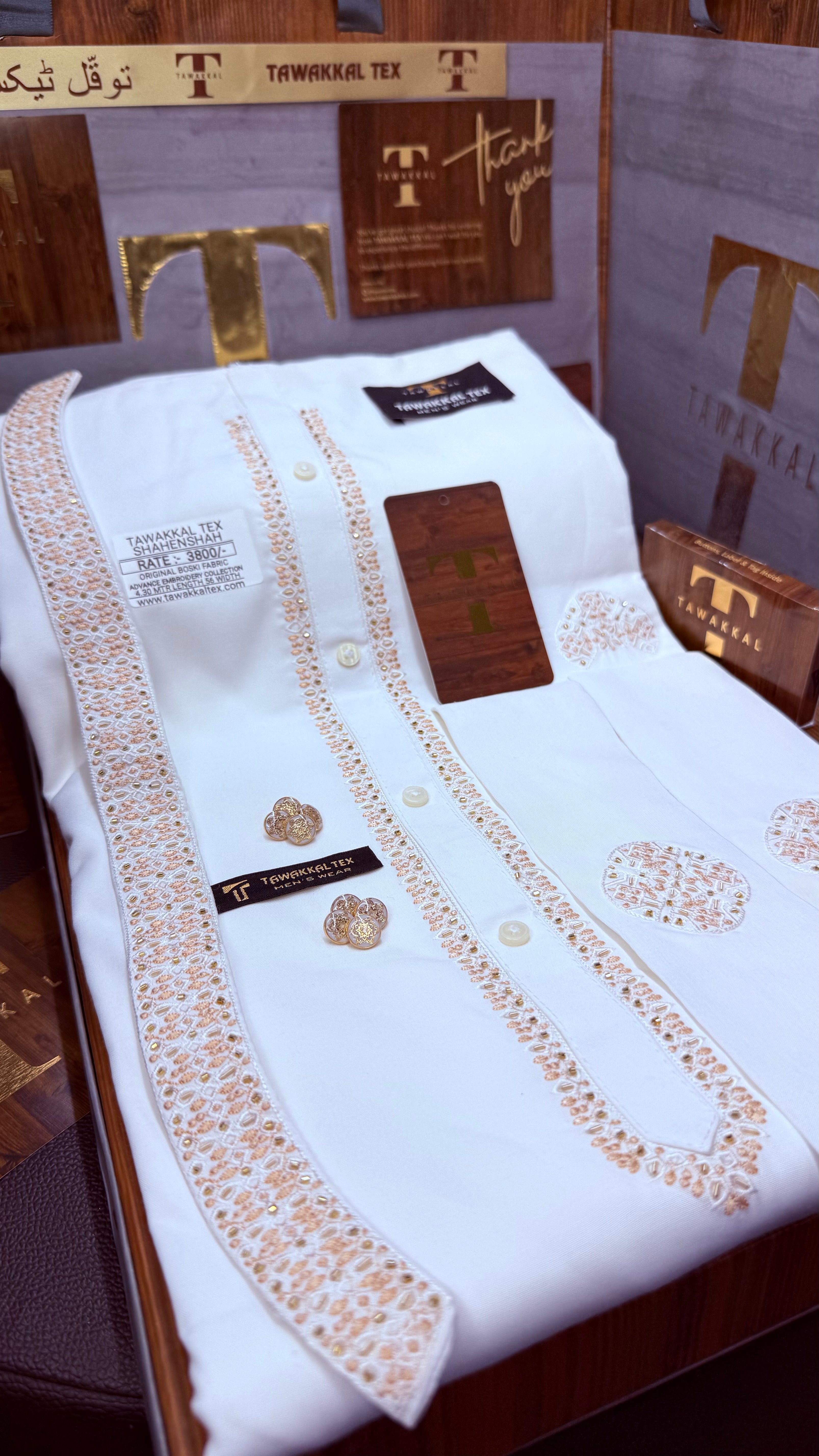 -SHAHENSHAH BOSKI WHITE ADVANCE TARKASHI EMBROIDERY UNSTICHED KURTA SALWAR PATHANI (TAWAKKAL TEX)