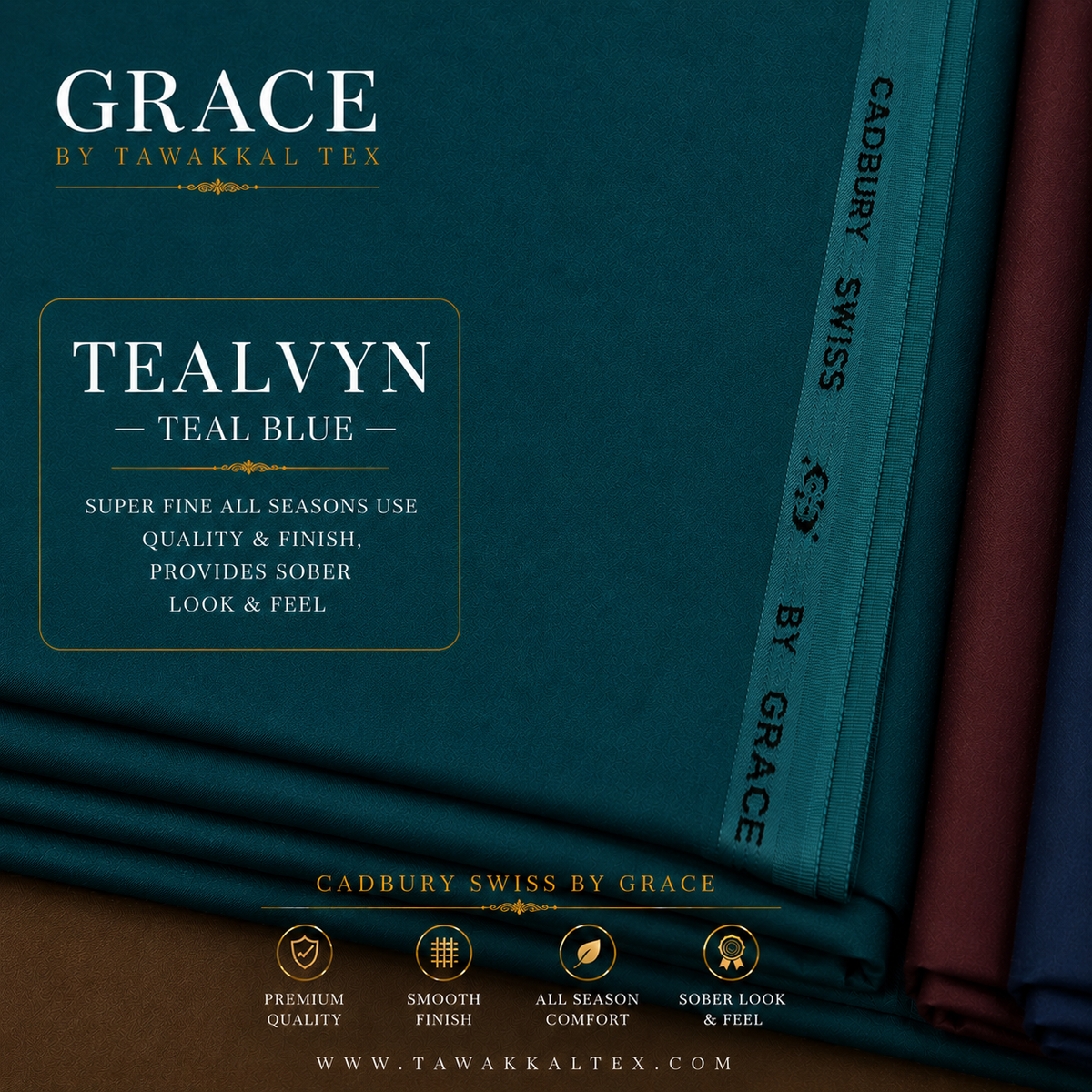 GRACE CADBURY SWISS  — TEALVYN | TEAL BLUE  Premium All Seasons Use Kurta Salwar Fabric 4.50 MTR | 54–56 Width  BY GRACE INTERNATIONAL