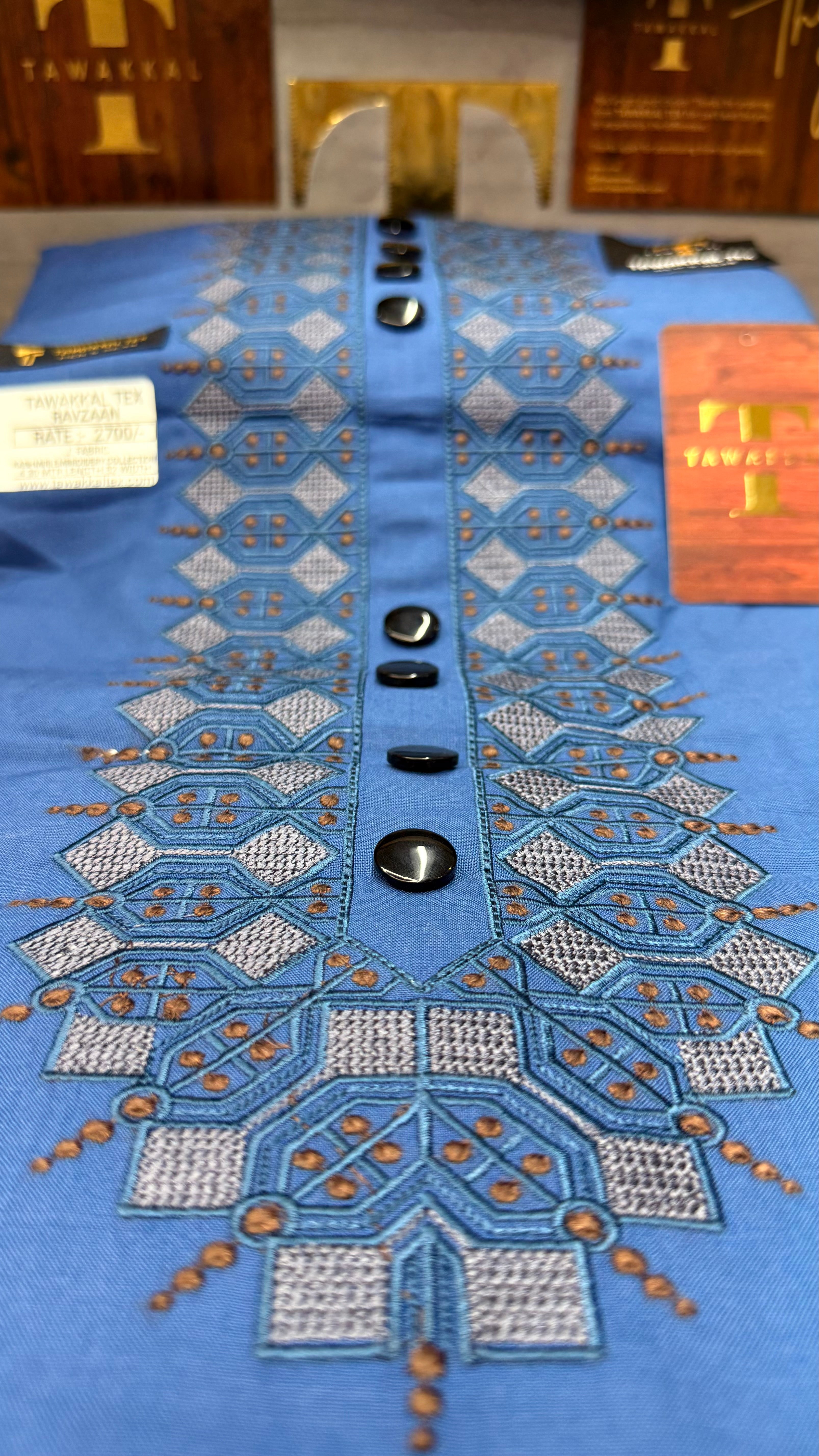 RAVZAAN TEAL MIDNIGHT 106-07 MULTI COLOUR KASHMIRI EMBROIDERY UNSTICHED FULL KURTA SALWAR PATHANI (J. FABRIC IMPORTED) “Pics are clicked in HD cameras. Original color may vary from mobile to mobile depending on your handset. – Tawakkal Tex”