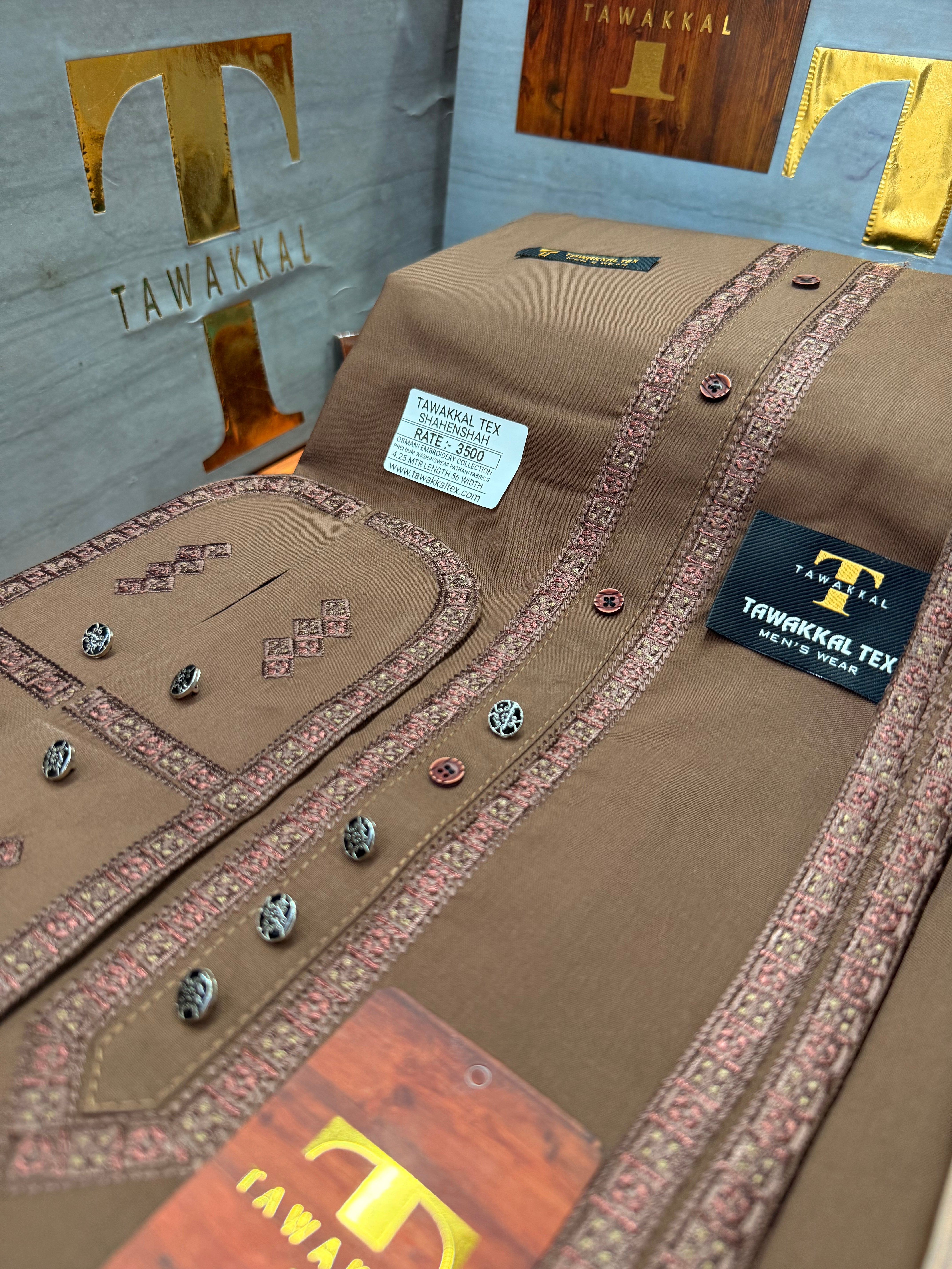 OSM-1476 HUNTER BROWN  SHAHENSHAH  KURTA SALAWAR (PREMIUM OSMANI EMBROIDERY PATHANI)