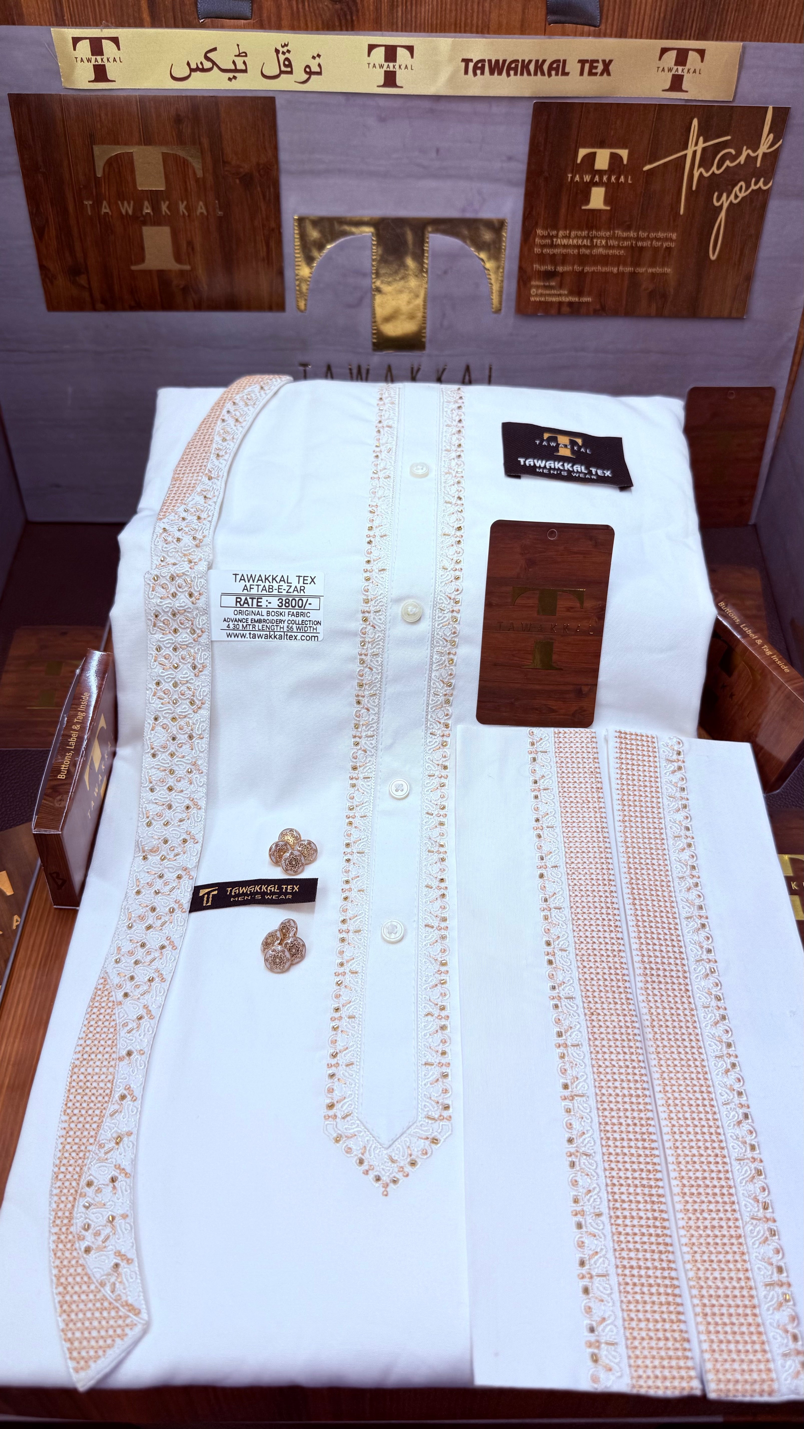 -AFTAB-E-ZAR BOSKI KING WHITE ADVANCE TARKASHI EMBROIDERY UNSTICHED KURTA SALWAR PATHANI (TAWAKKAL TEX)