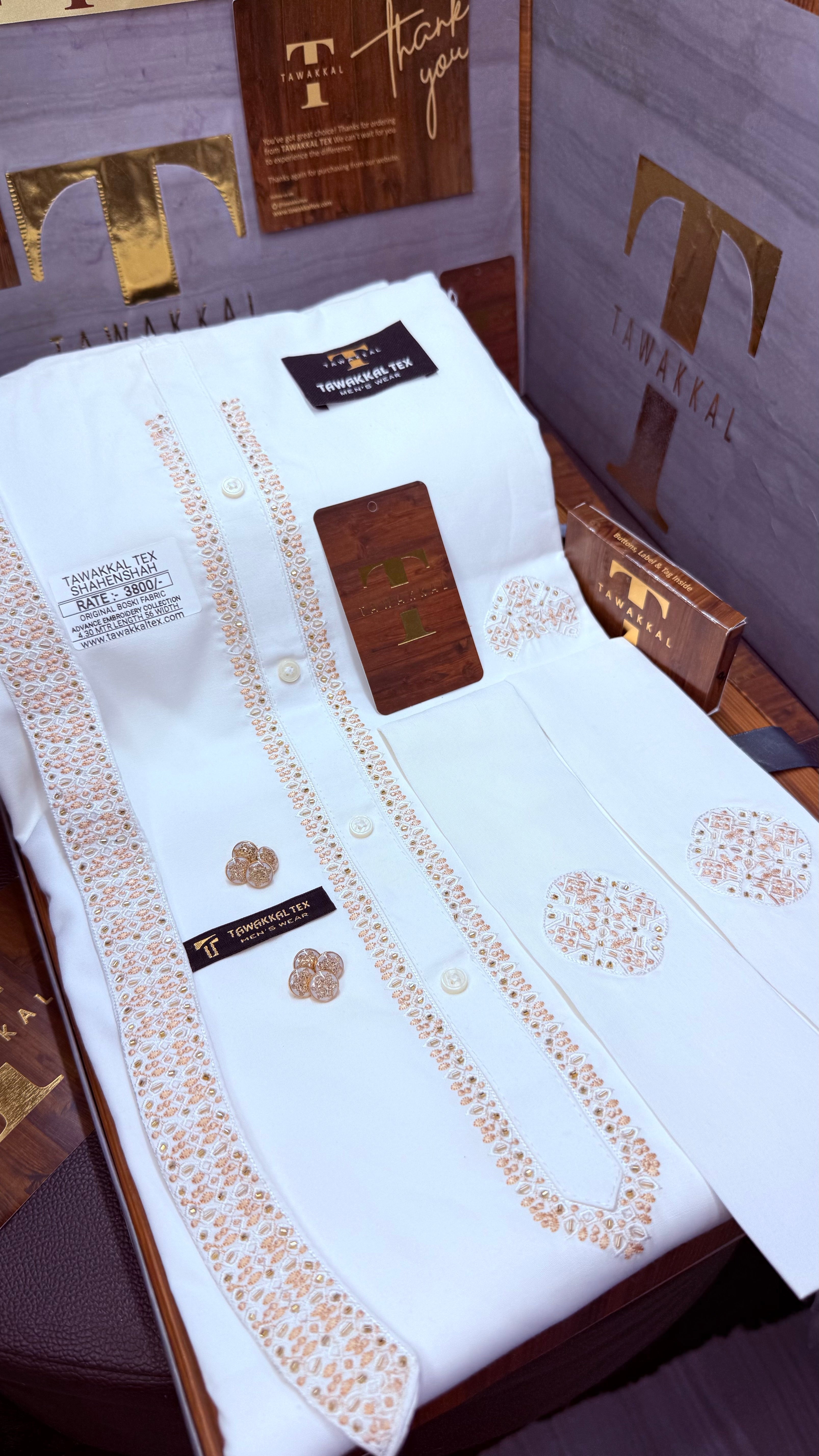 -SHAHENSHAH BOSKI WHITE ADVANCE TARKASHI EMBROIDERY UNSTICHED KURTA SALWAR PATHANI (TAWAKKAL TEX)